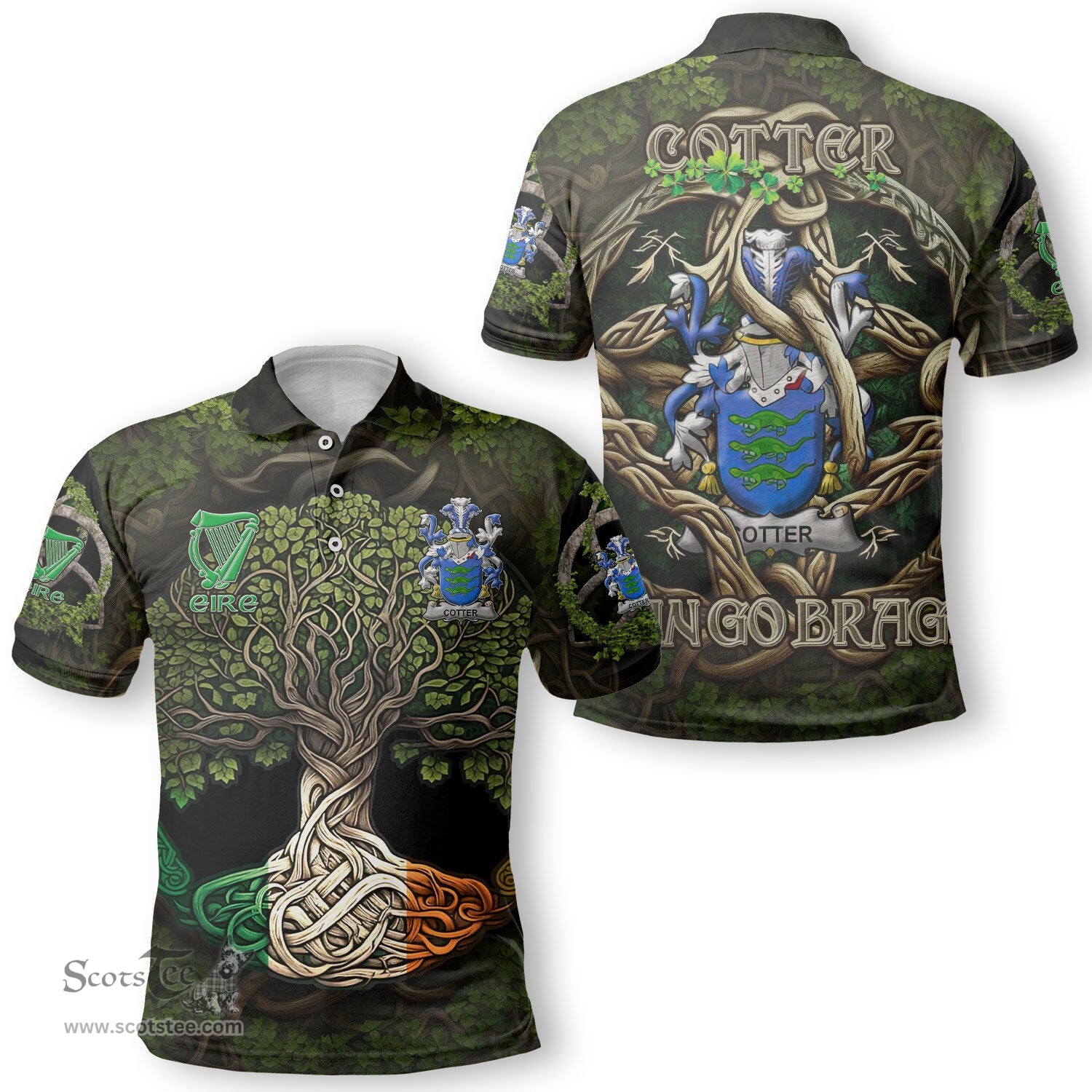 ScotsTee Shop Irish Cotter or MacCotter Coat of Arms Irish Polo Shirt Family Crest Irish Is My Root Polo Shirt