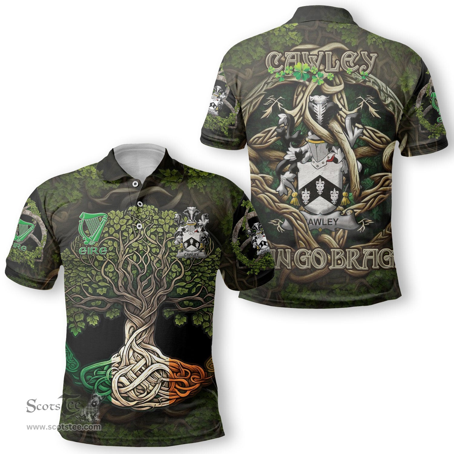 ScotsTee Shop Irish Cawley or Cauley Coat of Arms Irish Polo Shirt Family Crest Irish Is My Root Polo Shirt