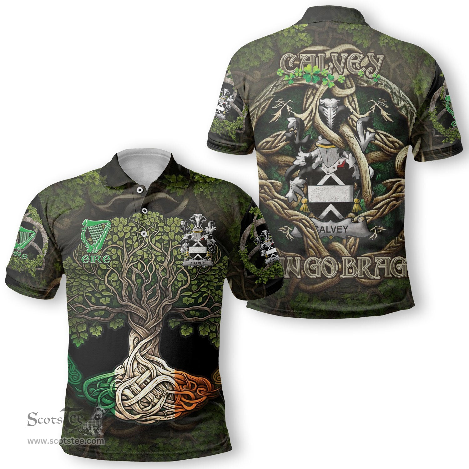ScotsTee Shop Irish Calvey or McElwee Coat of Arms Irish Polo Shirt Family Crest Irish Is My Root Polo Shirt