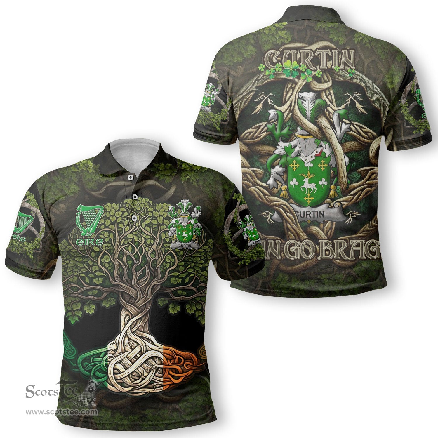 ScotsTee Shop Irish Curtin or McCurtin Coat of Arms Irish Polo Shirt Family Crest Irish Is My Root Polo Shirt