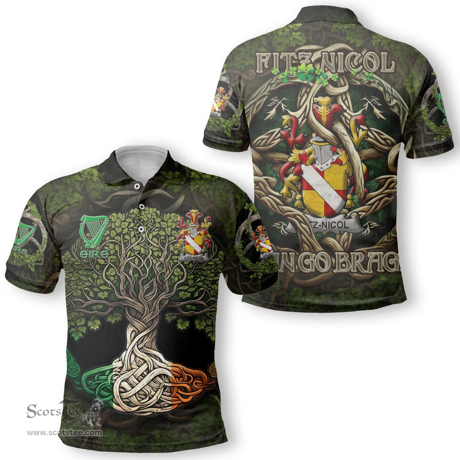 ScotsTee Shop Irish Fitz Nicol Coat of Arms Irish Polo Shirt Family Crest Irish Is My Root Polo Shirt