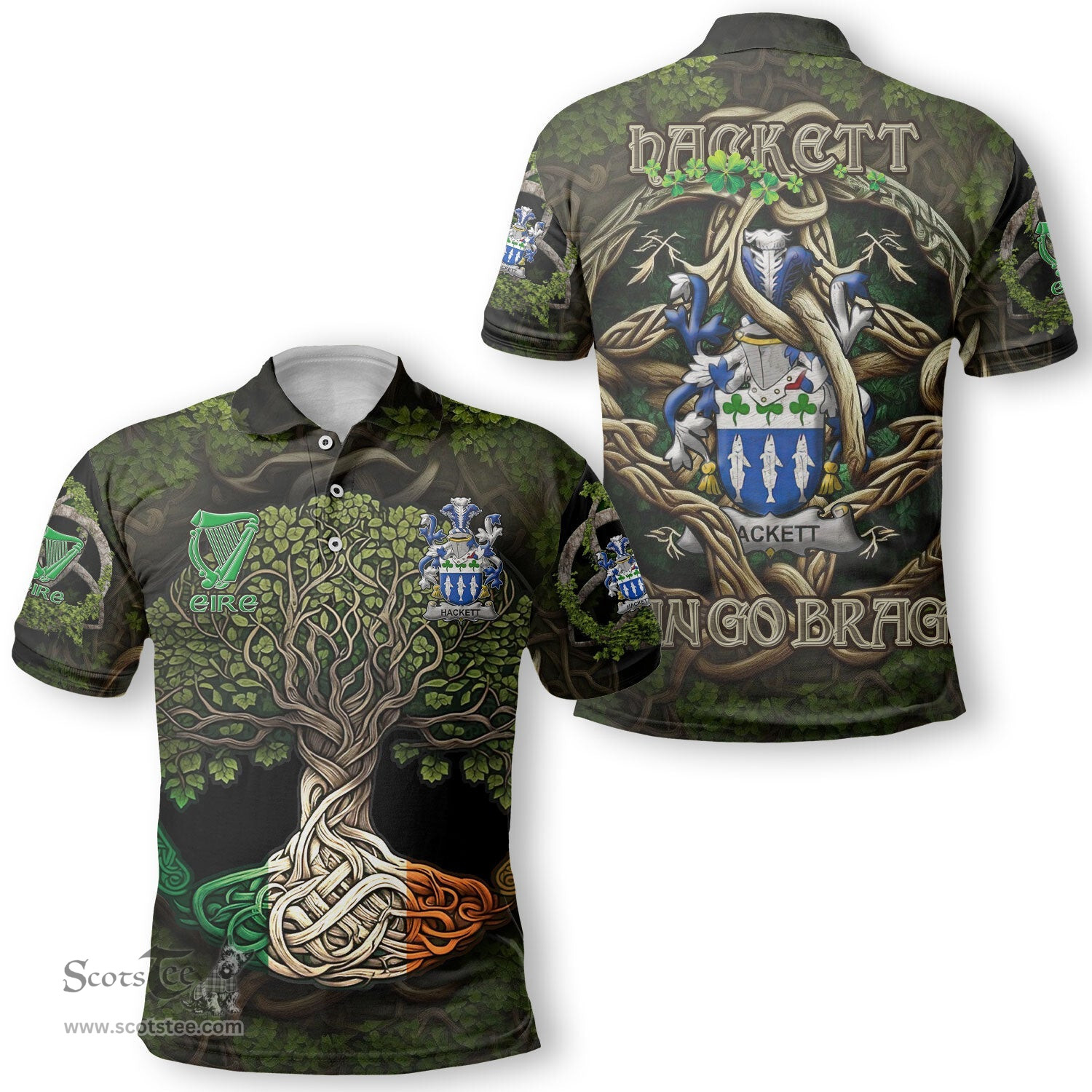 ScotsTee Shop Irish Hackett Coat of Arms Irish Polo Shirt Family Crest Irish Is My Root Polo Shirt