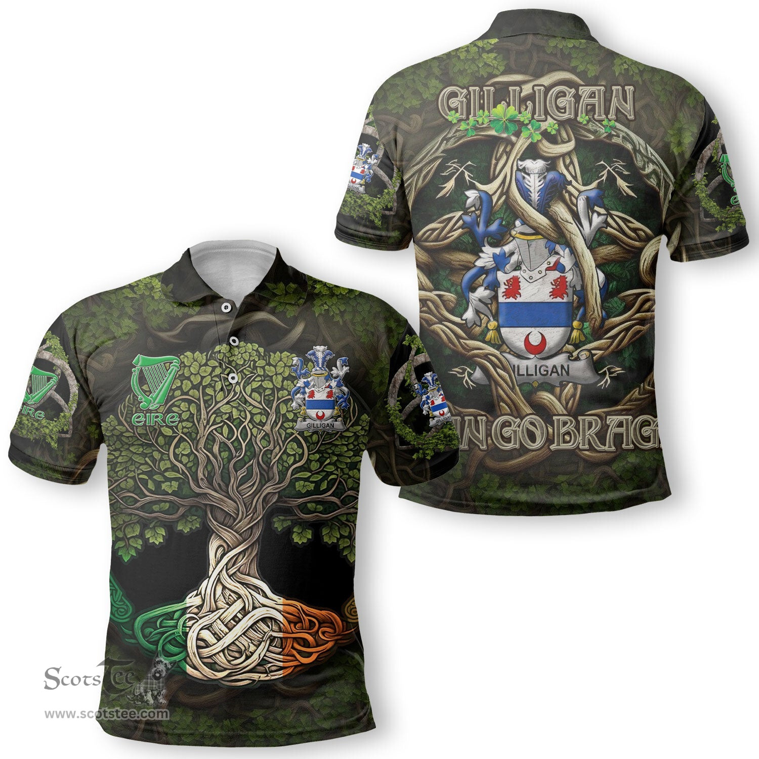 ScotsTee Shop Irish Gilligan or McGilligan Coat of Arms Irish Polo Shirt Family Crest Irish Is My Root Polo Shirt