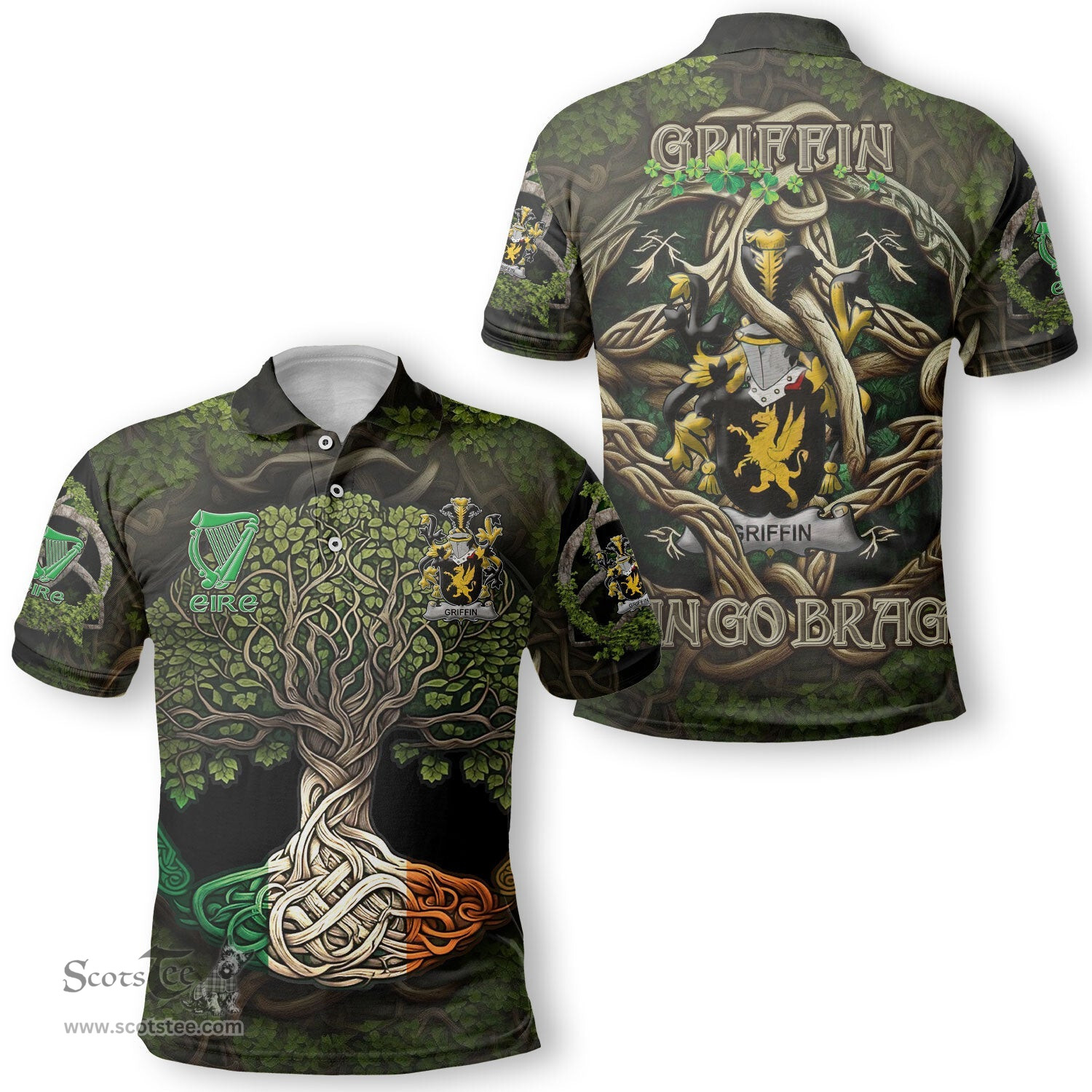 ScotsTee Shop Irish Griffin or O Griffy Coat of Arms Irish Polo Shirt Family Crest Irish Is My Root Polo Shirt
