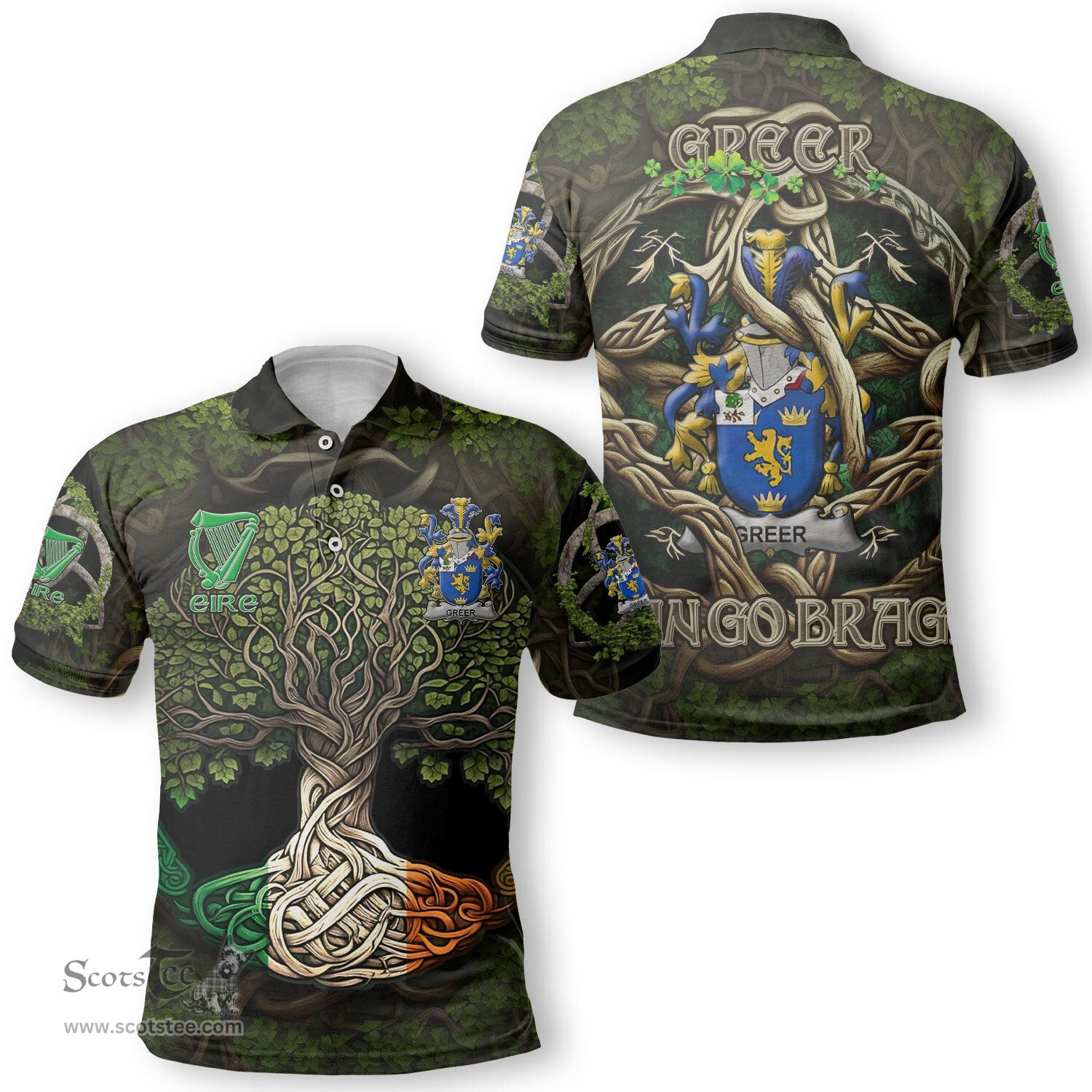 ScotsTee Shop Irish Greer Coat of Arms Irish Polo Shirt Family Crest Irish Is My Root Polo Shirt