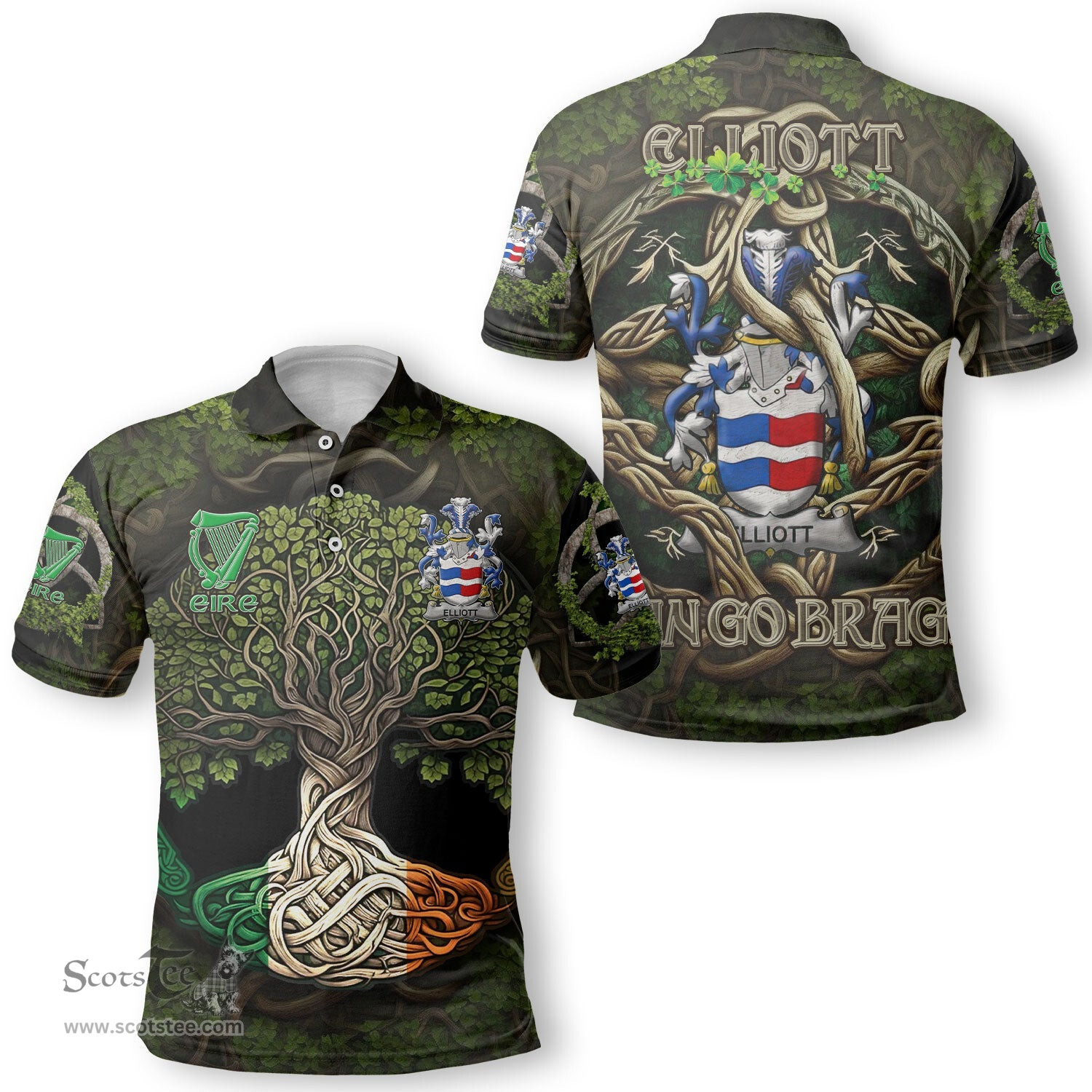 ScotsTee Shop Irish Elliott Coat of Arms Irish Polo Shirt Family Crest Irish Is My Root Polo Shirt