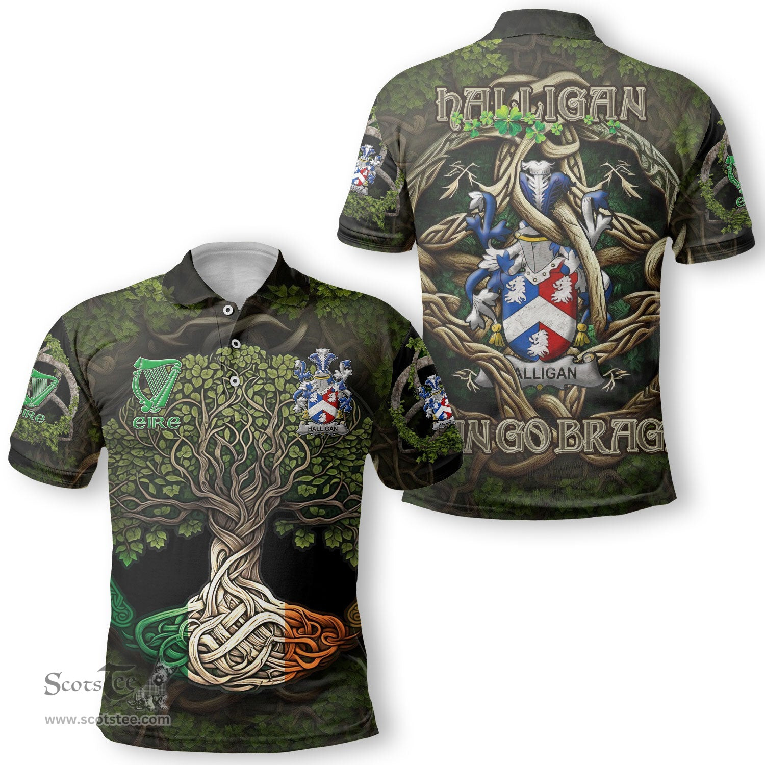 ScotsTee Shop Irish Halligan or O Halligan Coat of Arms Irish Polo Shirt Family Crest Irish Is My Root Polo Shirt