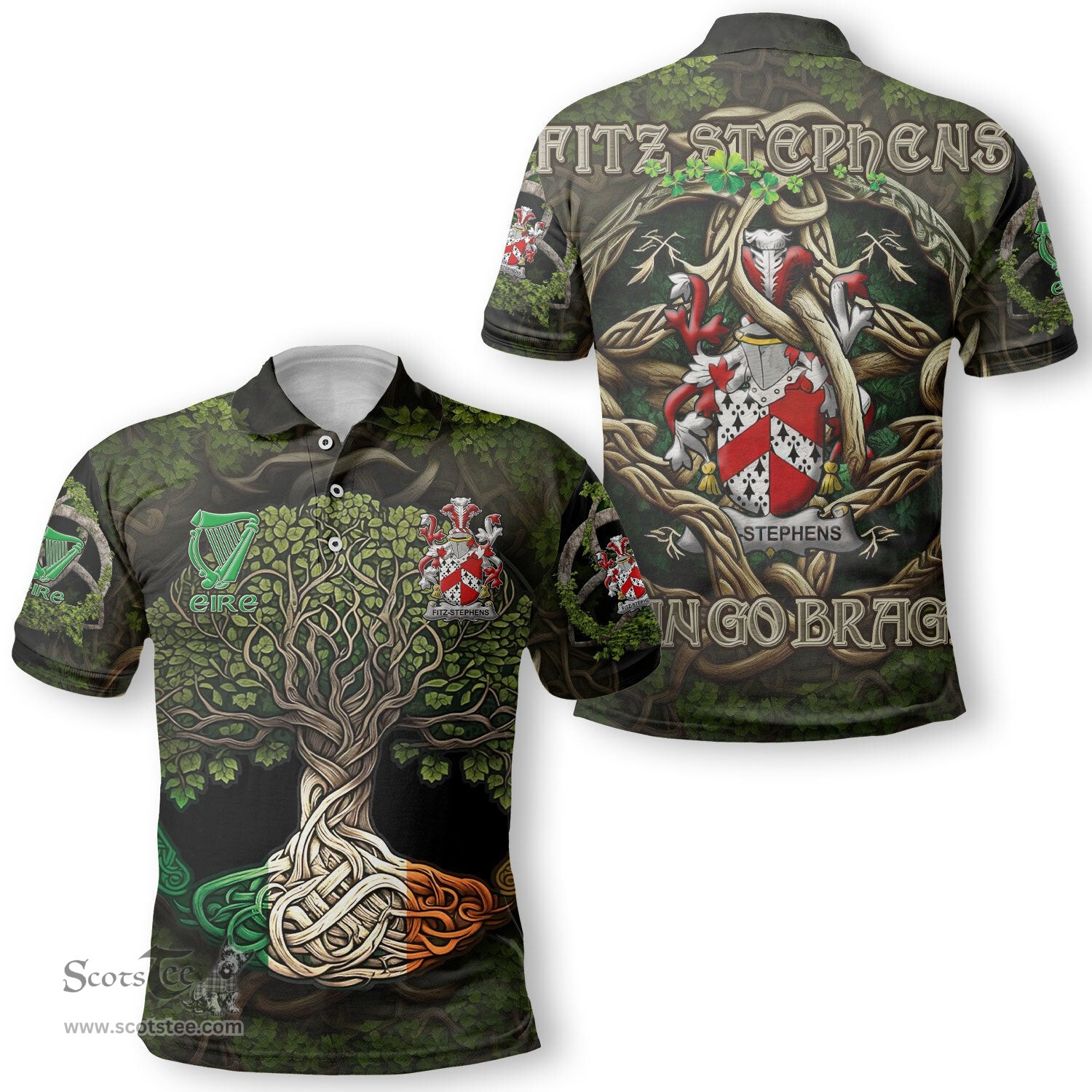 ScotsTee Shop Irish Fitz Stephens Coat of Arms Irish Polo Shirt Family Crest Irish Is My Root Polo Shirt