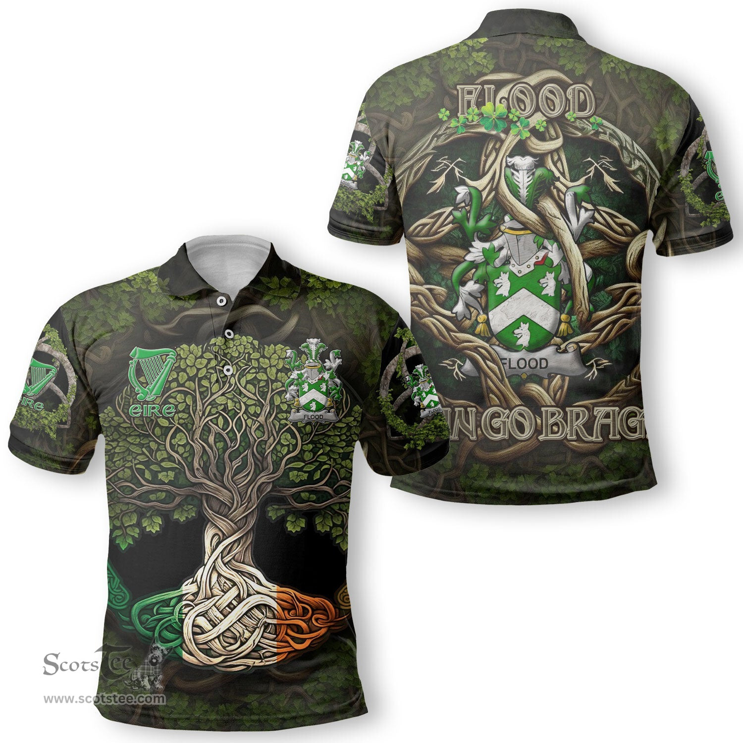 ScotsTee Shop Irish Flood Coat of Arms Irish Polo Shirt Family Crest Irish Is My Root Polo Shirt
