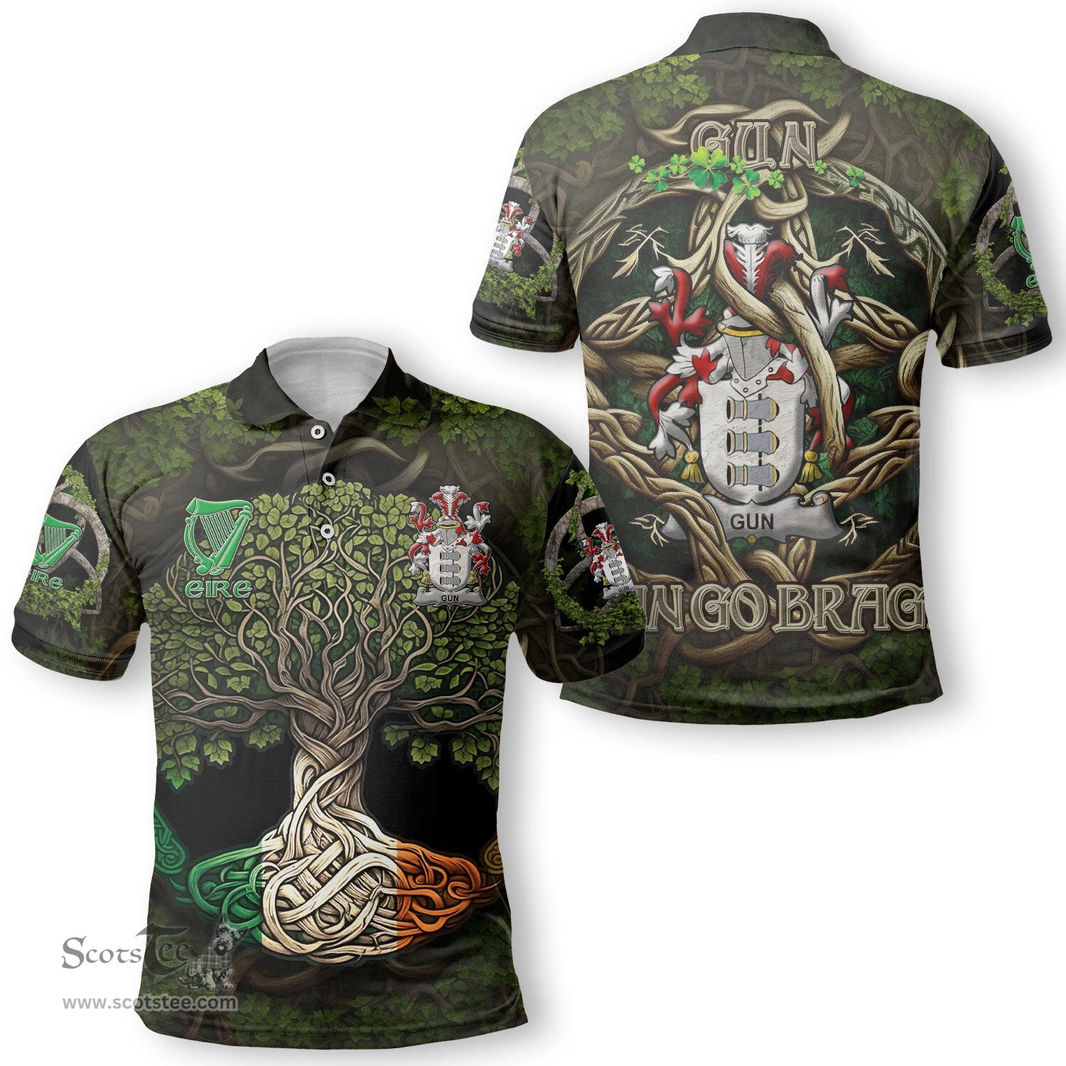 ScotsTee Shop Irish Gun or McElgunn Coat of Arms Irish Polo Shirt Family Crest Irish Is My Root Polo Shirt
