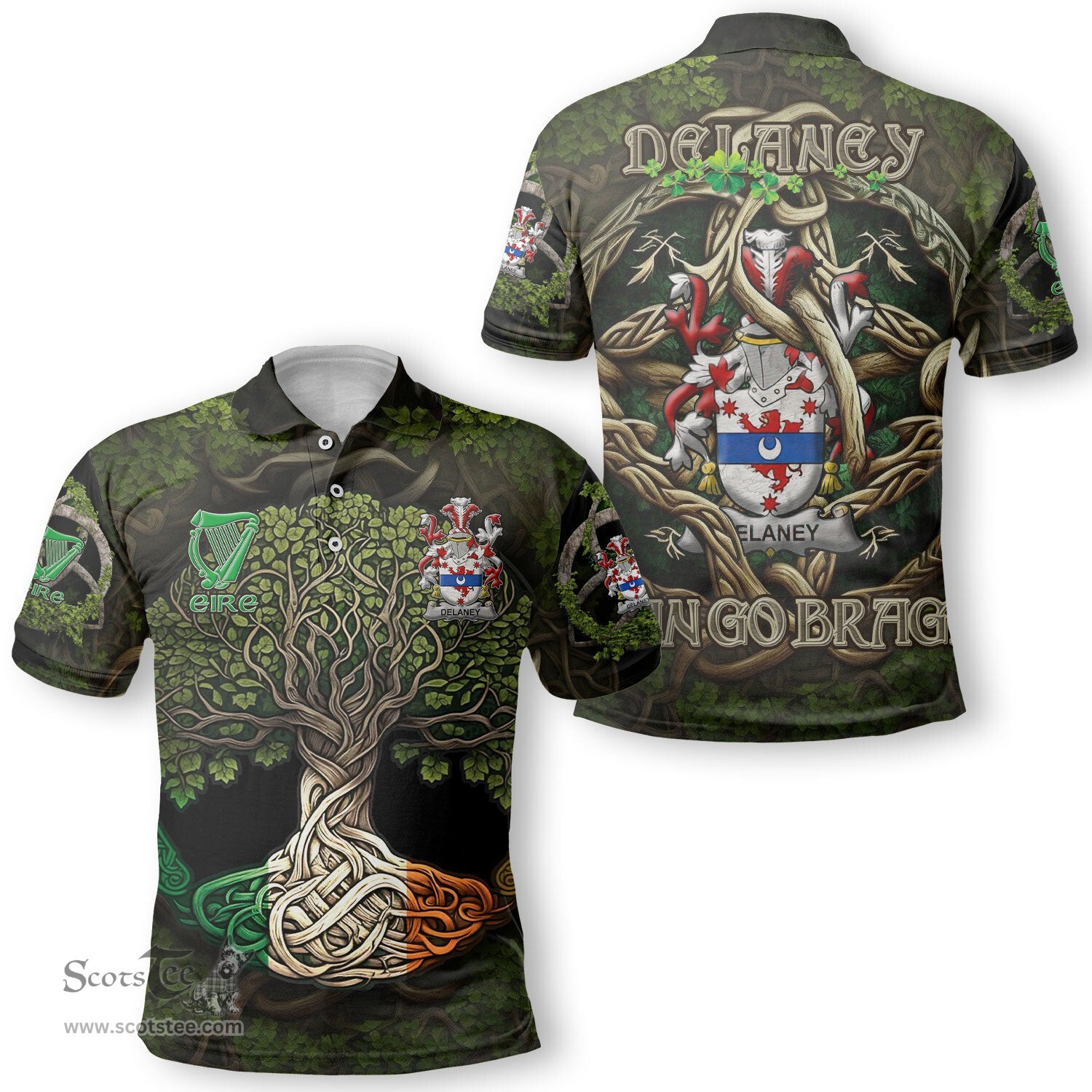 ScotsTee Shop Irish Delaney or O Delany Coat of Arms Irish Polo Shirt Family Crest Irish Is My Root Polo Shirt