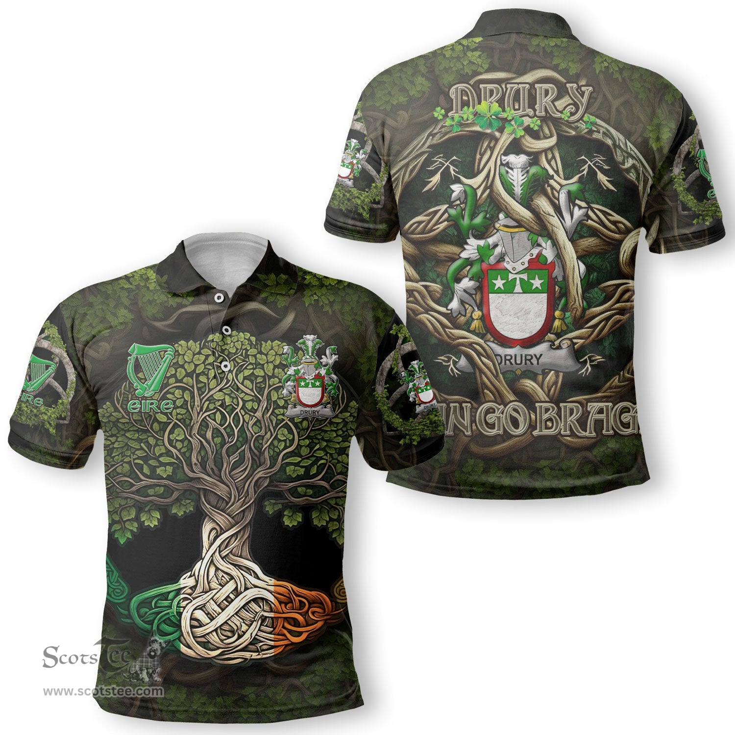 ScotsTee Shop Irish Drury or McDrury Coat of Arms Irish Polo Shirt Family Crest Irish Is My Root Polo Shirt