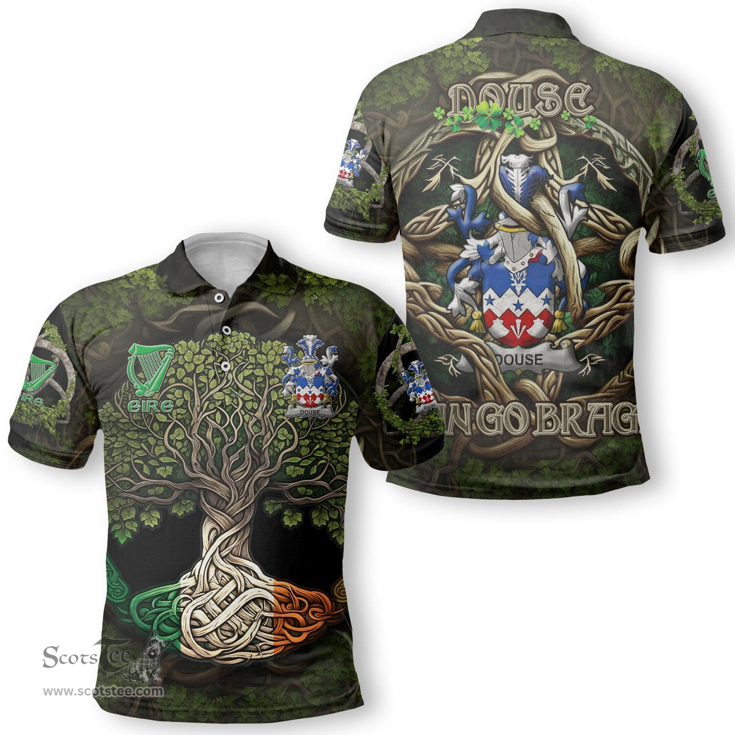 ScotsTee Shop Irish Douse or Dowse Coat of Arms Irish Polo Shirt Family Crest Irish Is My Root Polo Shirt