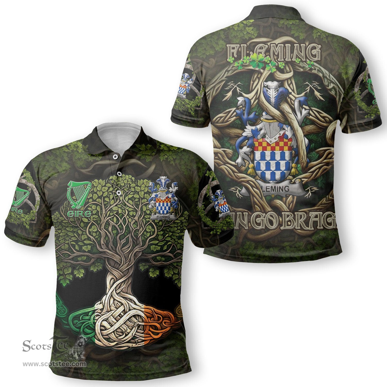 ScotsTee Shop Irish Fleming Coat of Arms Irish Polo Shirt Family Crest Irish Is My Root Polo Shirt