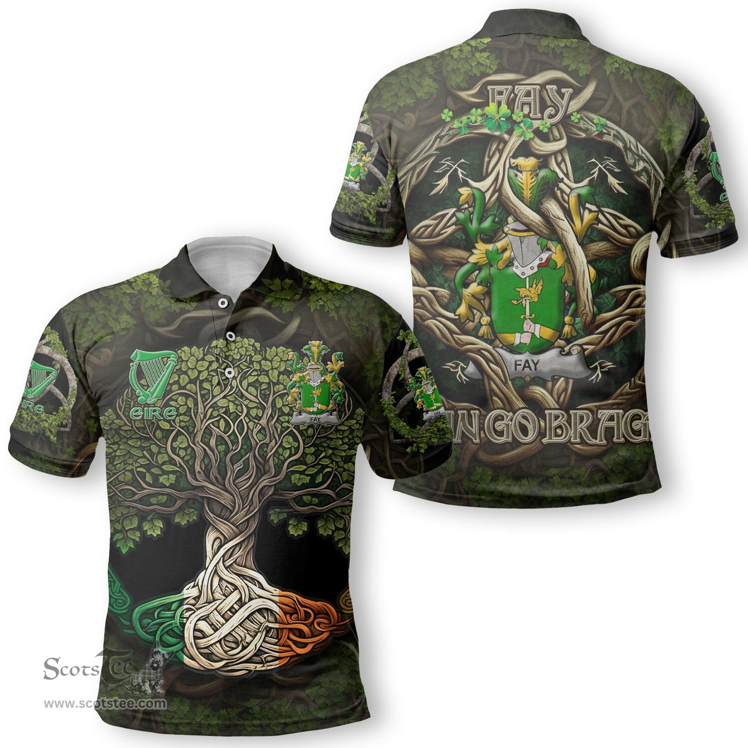 ScotsTee Shop Irish Fay or O Fee Coat of Arms Irish Polo Shirt Family Crest Irish Is My Root Polo Shirt
