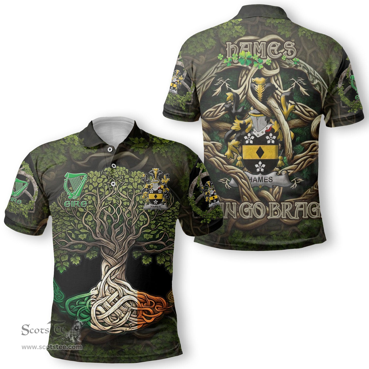 ScotsTee Shop Irish Hames Coat of Arms Irish Polo Shirt Family Crest Irish Is My Root Polo Shirt