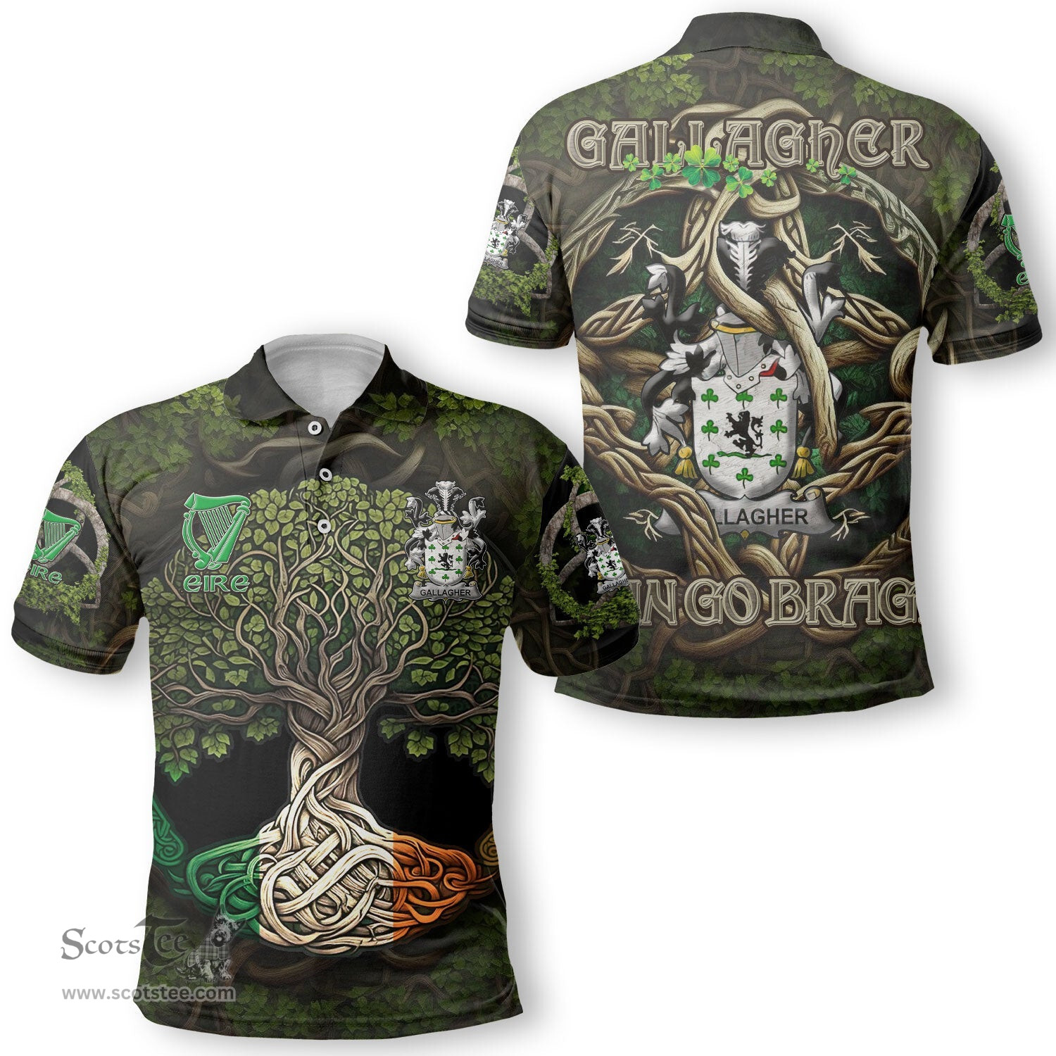 ScotsTee Shop Irish Gallagher or O Gallagher Coat of Arms Irish Polo Shirt Family Crest Irish Is My Root Polo Shirt