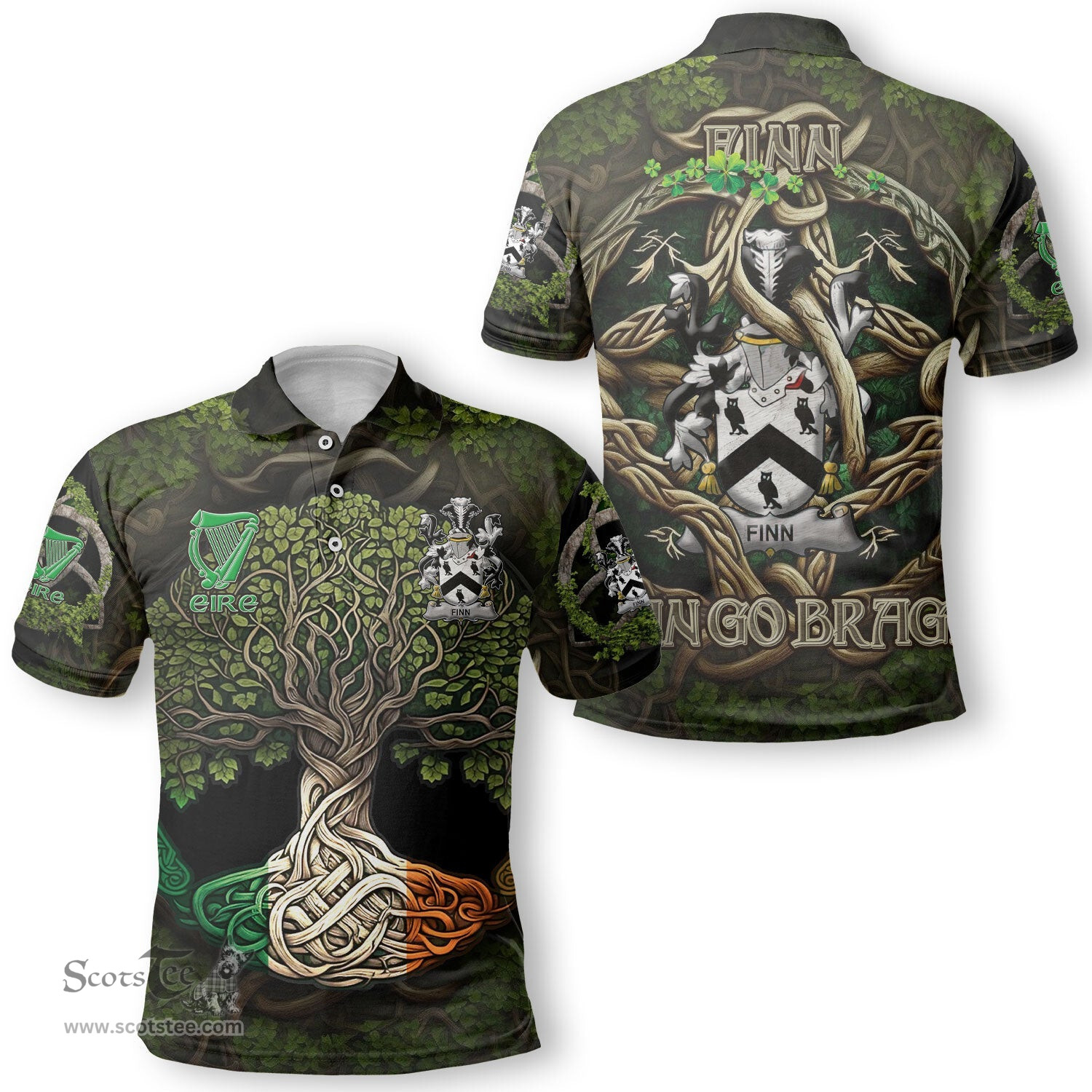 ScotsTee Shop Irish Finn or O Finn Coat of Arms Irish Polo Shirt Family Crest Irish Is My Root Polo Shirt