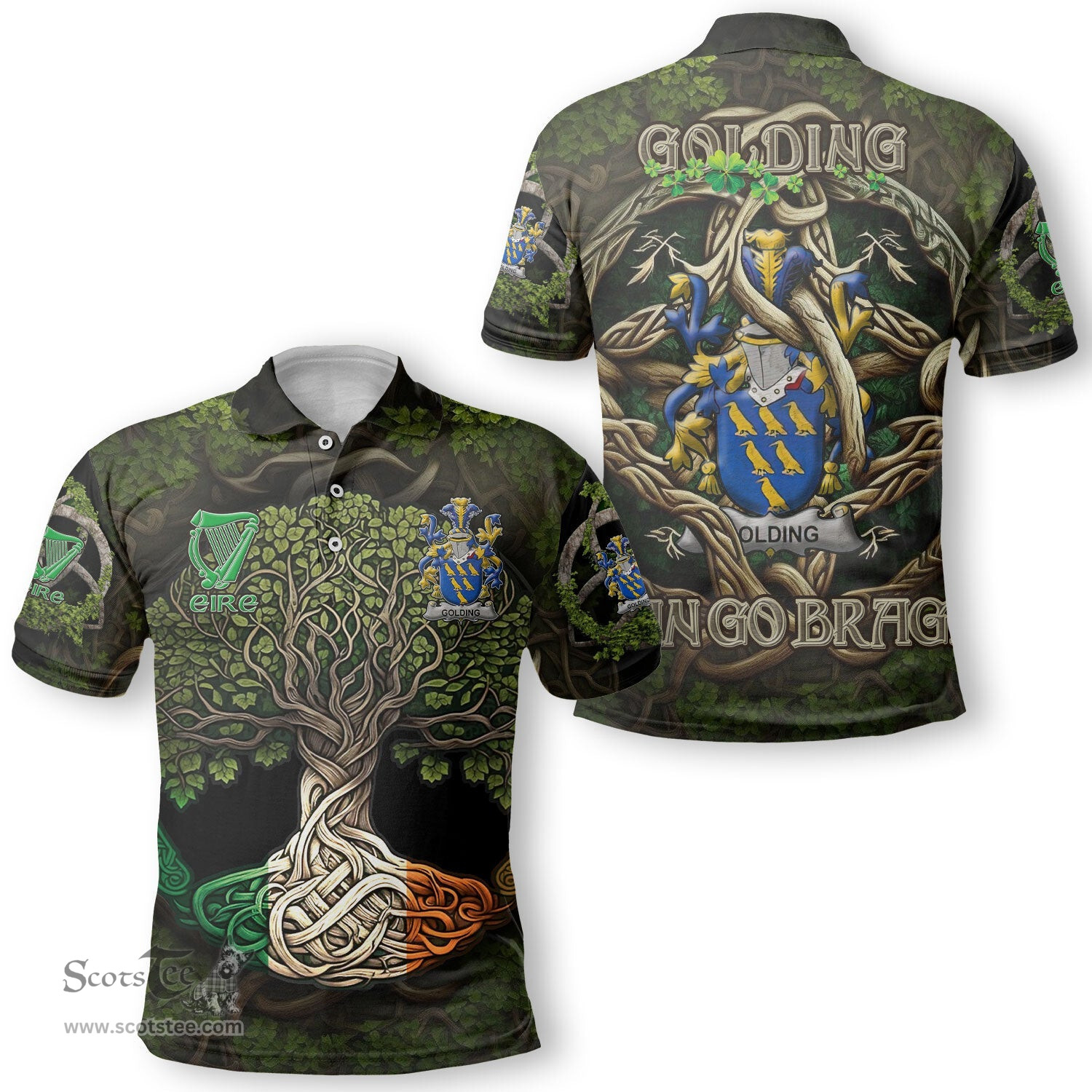 ScotsTee Shop Irish Golding Coat of Arms Irish Polo Shirt Family Crest Irish Is My Root Polo Shirt