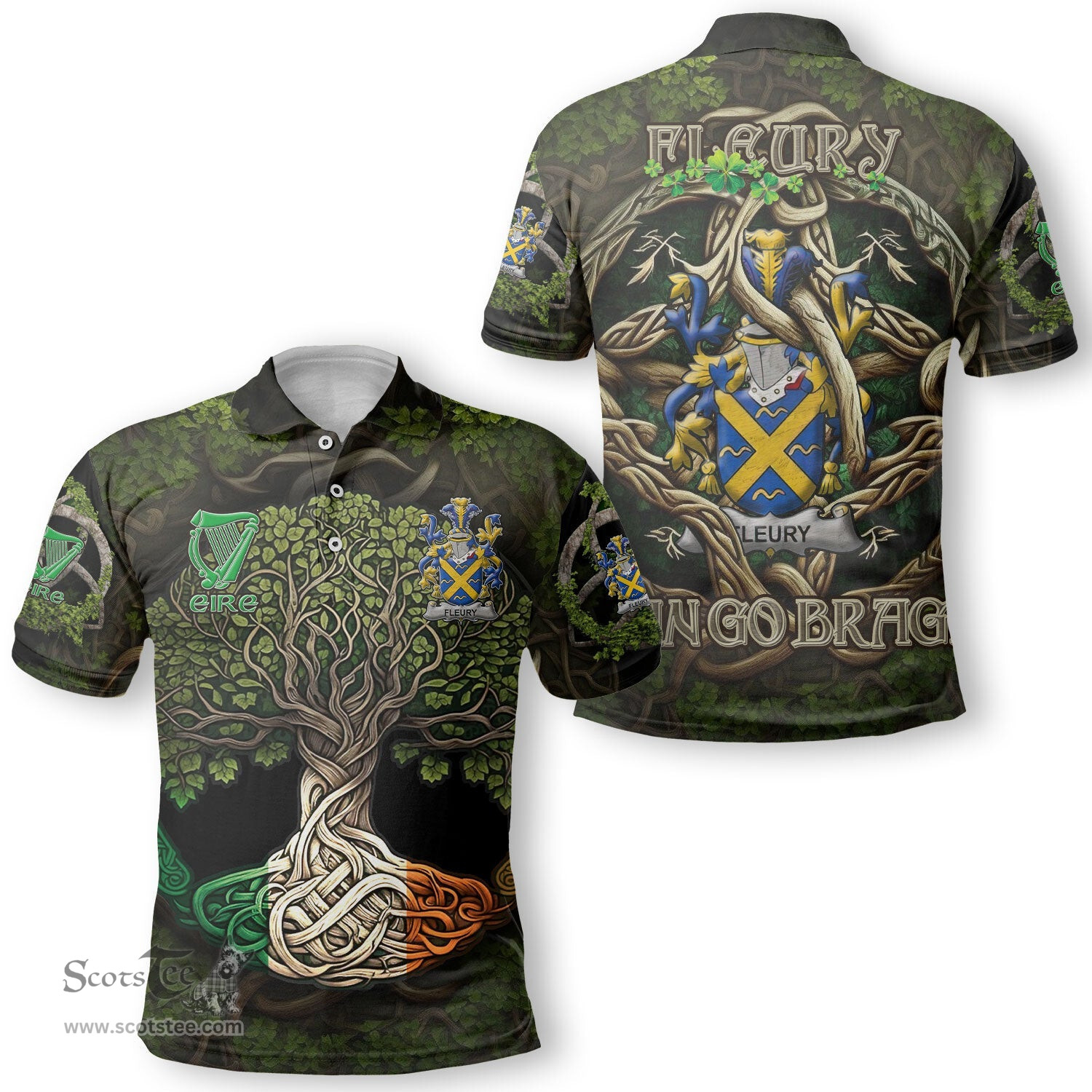 ScotsTee Shop Irish Fleury Coat of Arms Irish Polo Shirt Family Crest Irish Is My Root Polo Shirt