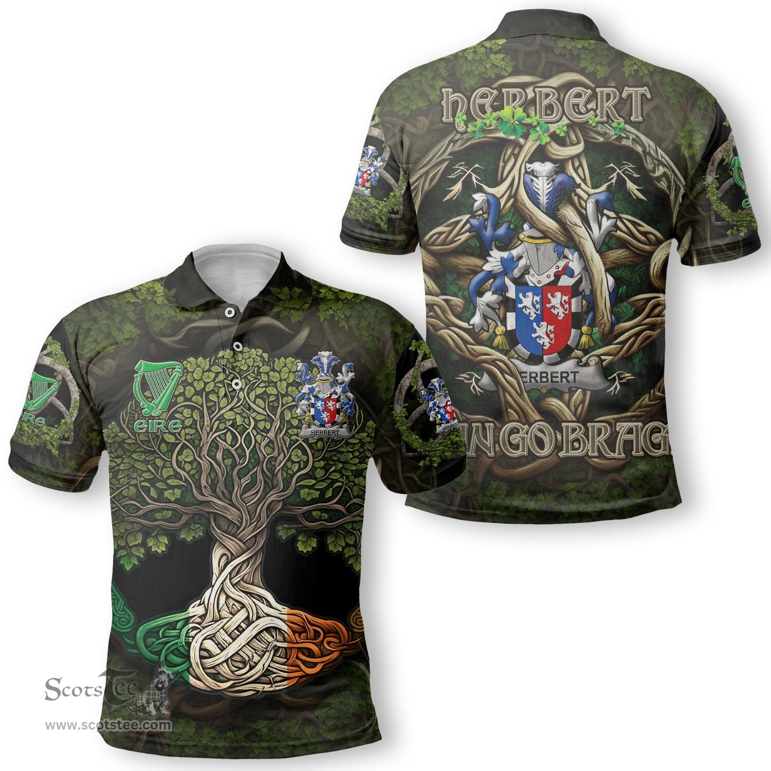 ScotsTee Shop Irish Herbert Coat of Arms Irish Polo Shirt Family Crest Irish Is My Root Polo Shirt