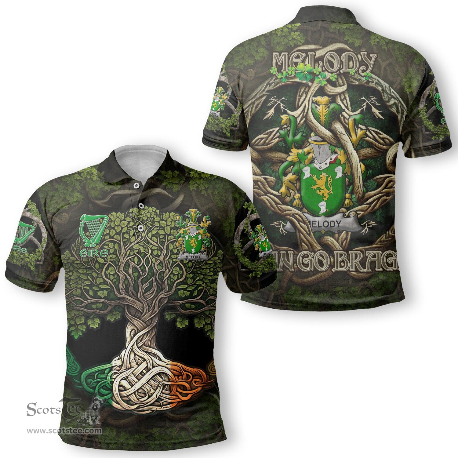 ScotsTee Shop Irish Melody or O Moledy Coat of Arms Irish Polo Shirt Family Crest Irish Is My Root Polo Shirt