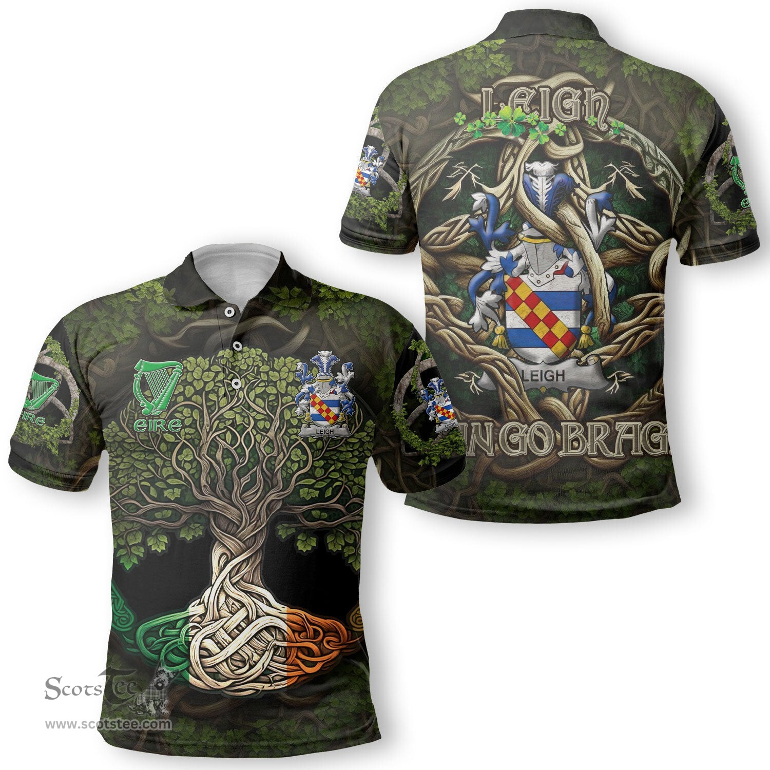ScotsTee Shop Irish Leigh or McLaeghis Coat of Arms Irish Polo Shirt Family Crest Irish Is My Root Polo Shirt