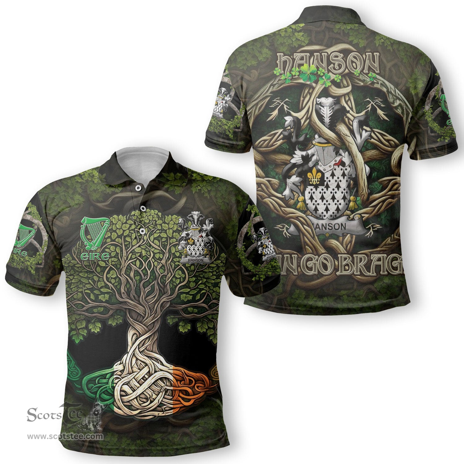 ScotsTee Shop Irish Hanson or O Hanson Coat of Arms Irish Polo Shirt Family Crest Irish Is My Root Polo Shirt
