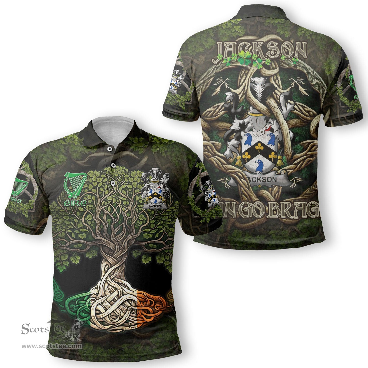 ScotsTee Shop Irish Jackson Coat of Arms Irish Polo Shirt Family Crest Irish Is My Root Polo Shirt