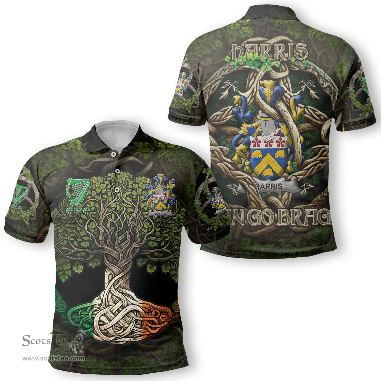 ScotsTee Shop Irish Harris Coat of Arms Irish Polo Shirt Family Crest Irish Is My Root Polo Shirt