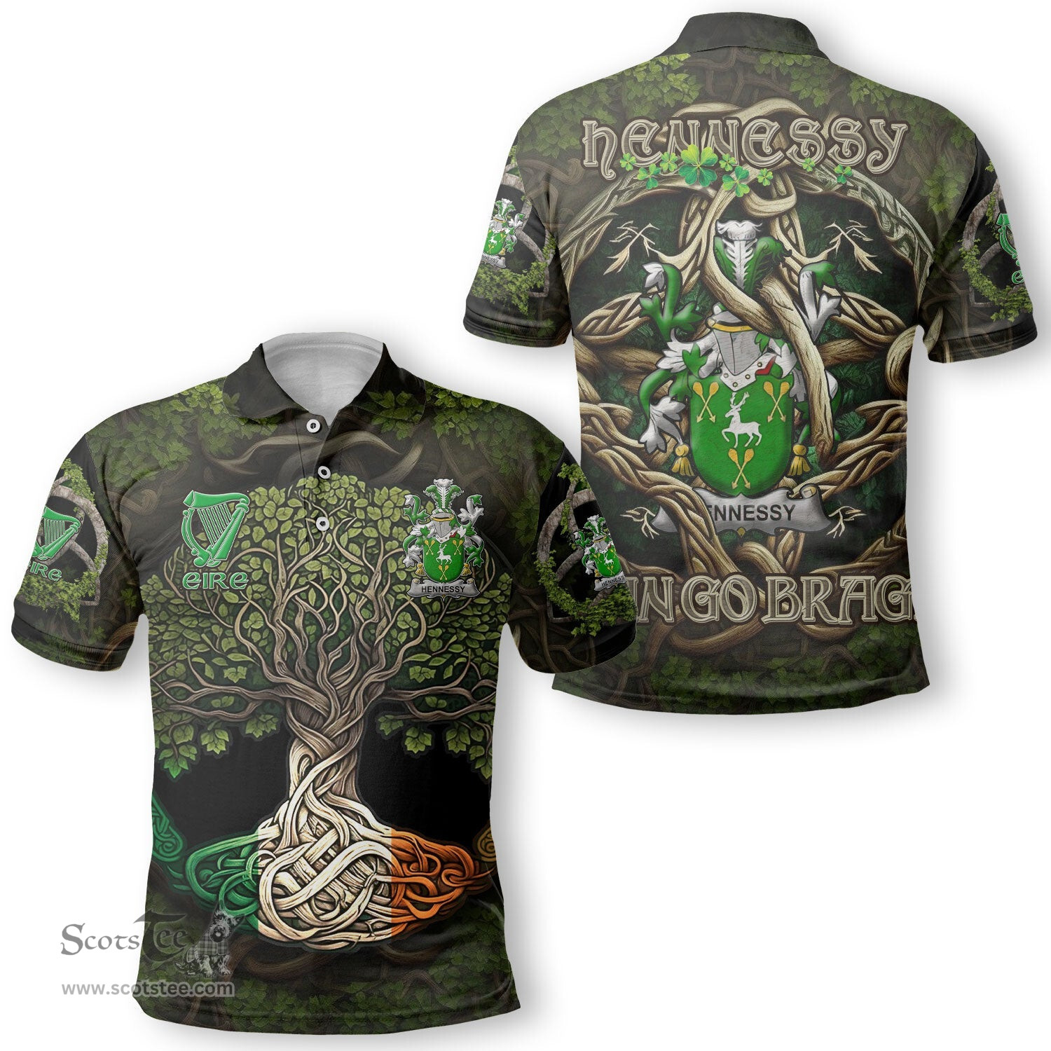 ScotsTee Shop Irish Hennessy or O Hennessy Coat of Arms Irish Polo Shirt Family Crest Irish Is My Root Polo Shirt