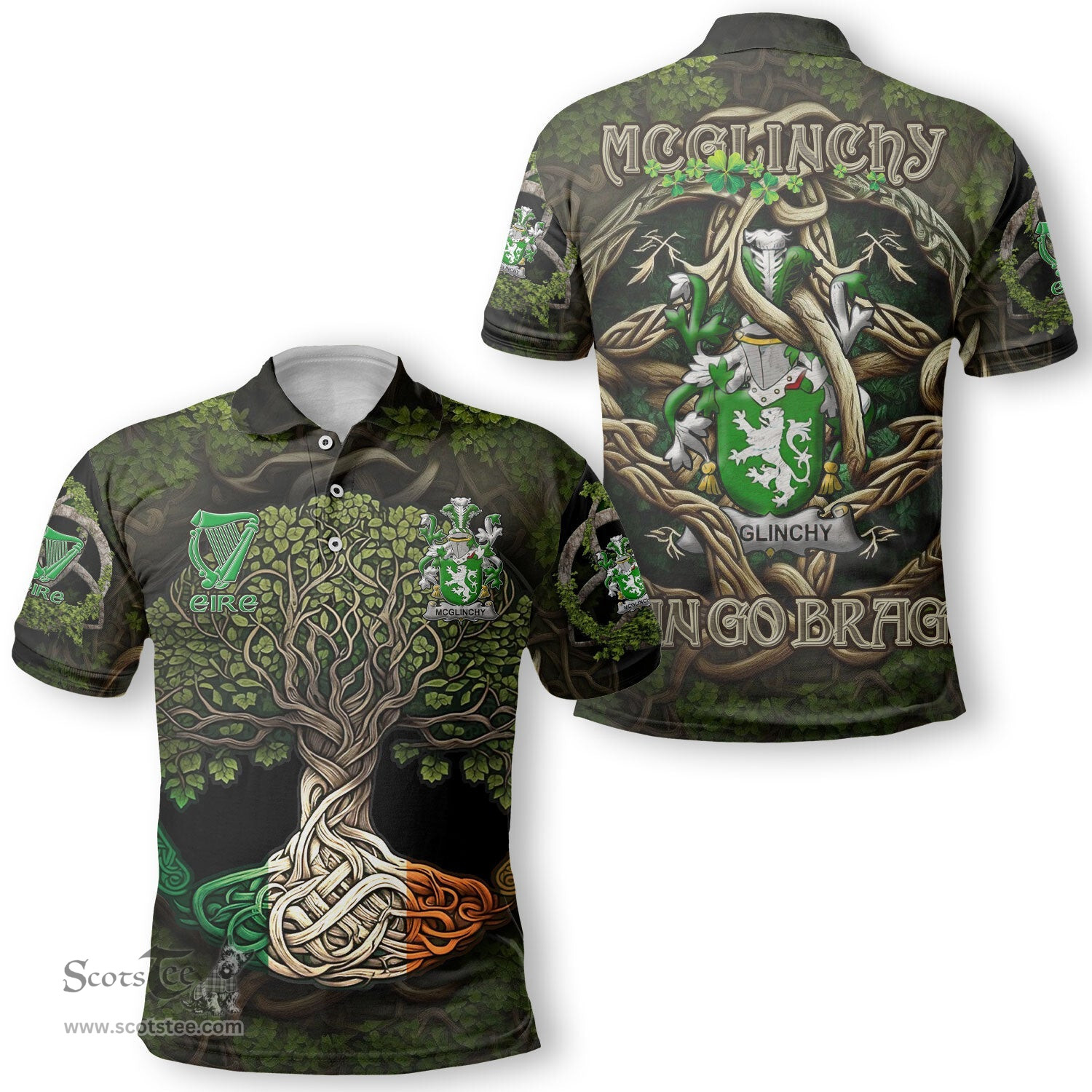 ScotsTee Shop Irish McGlinchy or McGlinchey Coat of Arms Irish Polo Shirt Family Crest Irish Is My Root Polo Shirt
