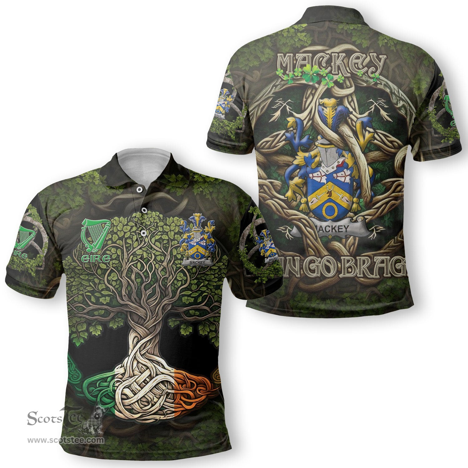ScotsTee Shop Irish Mackey Coat of Arms Irish Polo Shirt Family Crest Irish Is My Root Polo Shirt