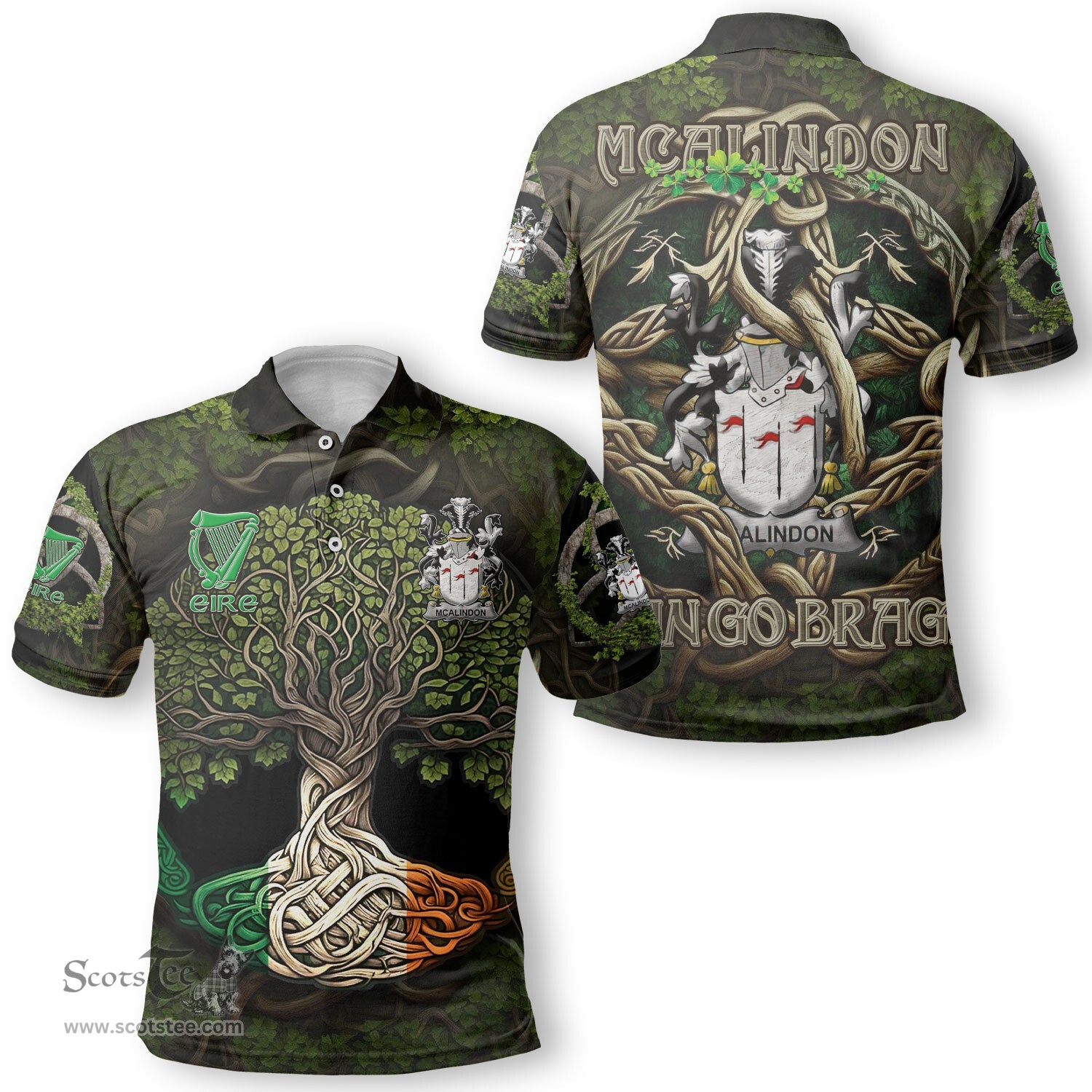ScotsTee Shop Irish McAlindon or McAlindem Coat of Arms Irish Polo Shirt Family Crest Irish Is My Root Polo Shirt