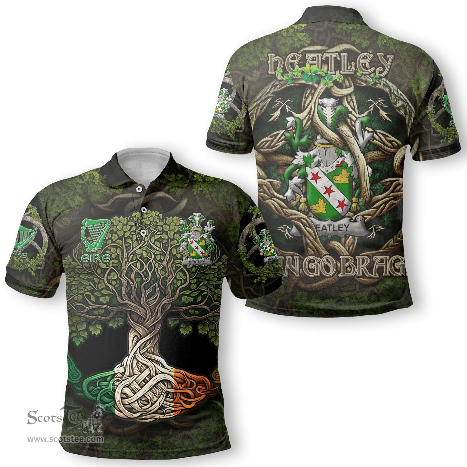 ScotsTee Shop Irish Heatley Coat of Arms Irish Polo Shirt Family Crest Irish Is My Root Polo Shirt