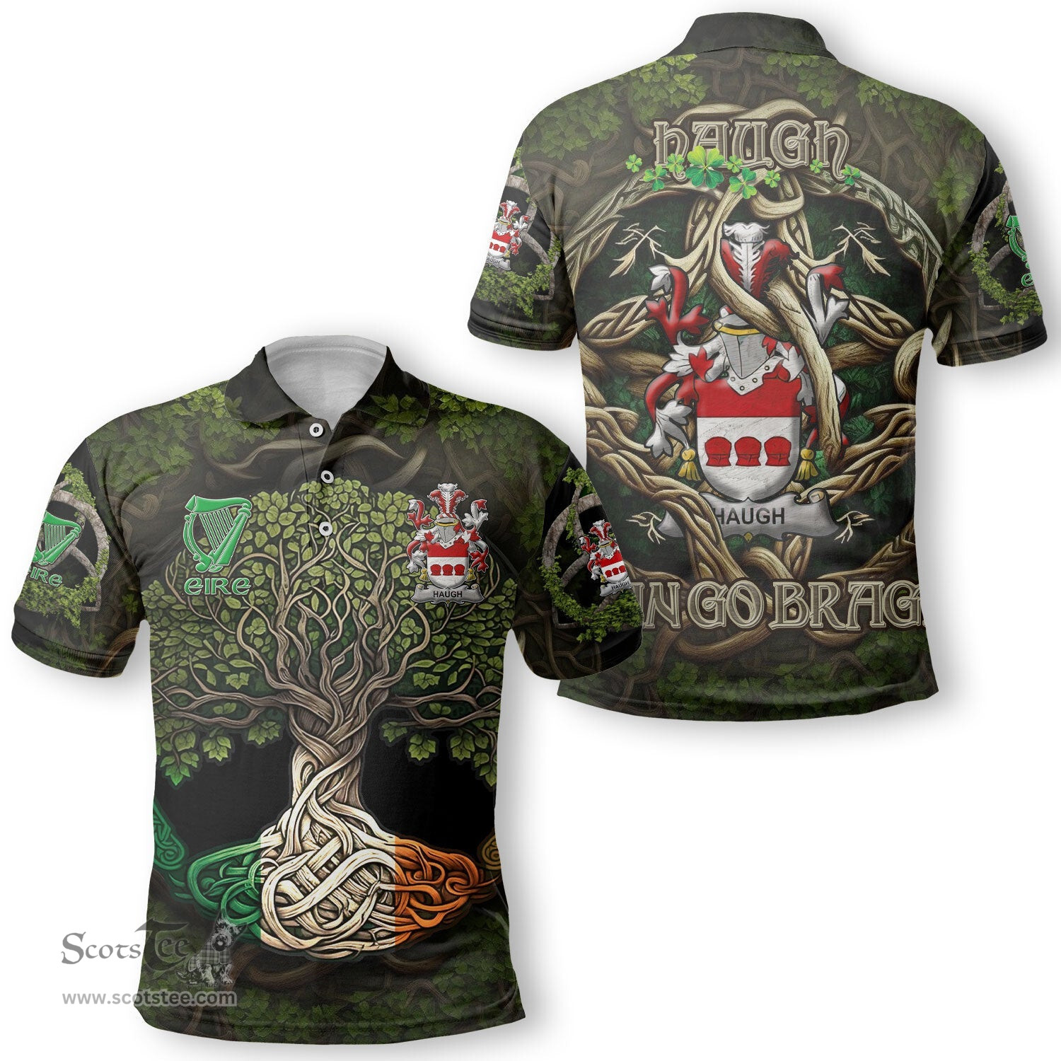 ScotsTee Shop Irish Haugh or O Hough Coat of Arms Irish Polo Shirt Family Crest Irish Is My Root Polo Shirt