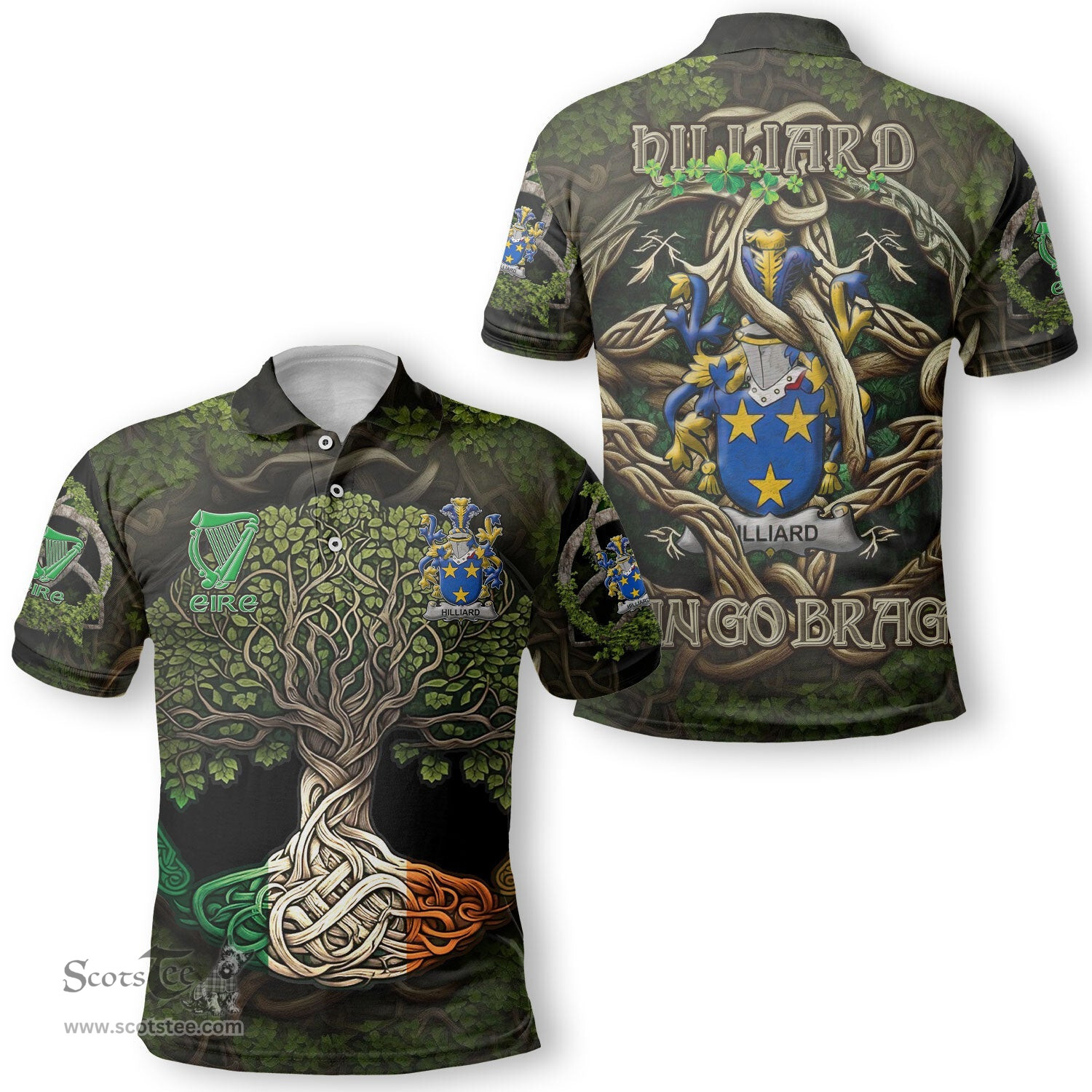 ScotsTee Shop Irish Hilliard Coat of Arms Irish Polo Shirt Family Crest Irish Is My Root Polo Shirt