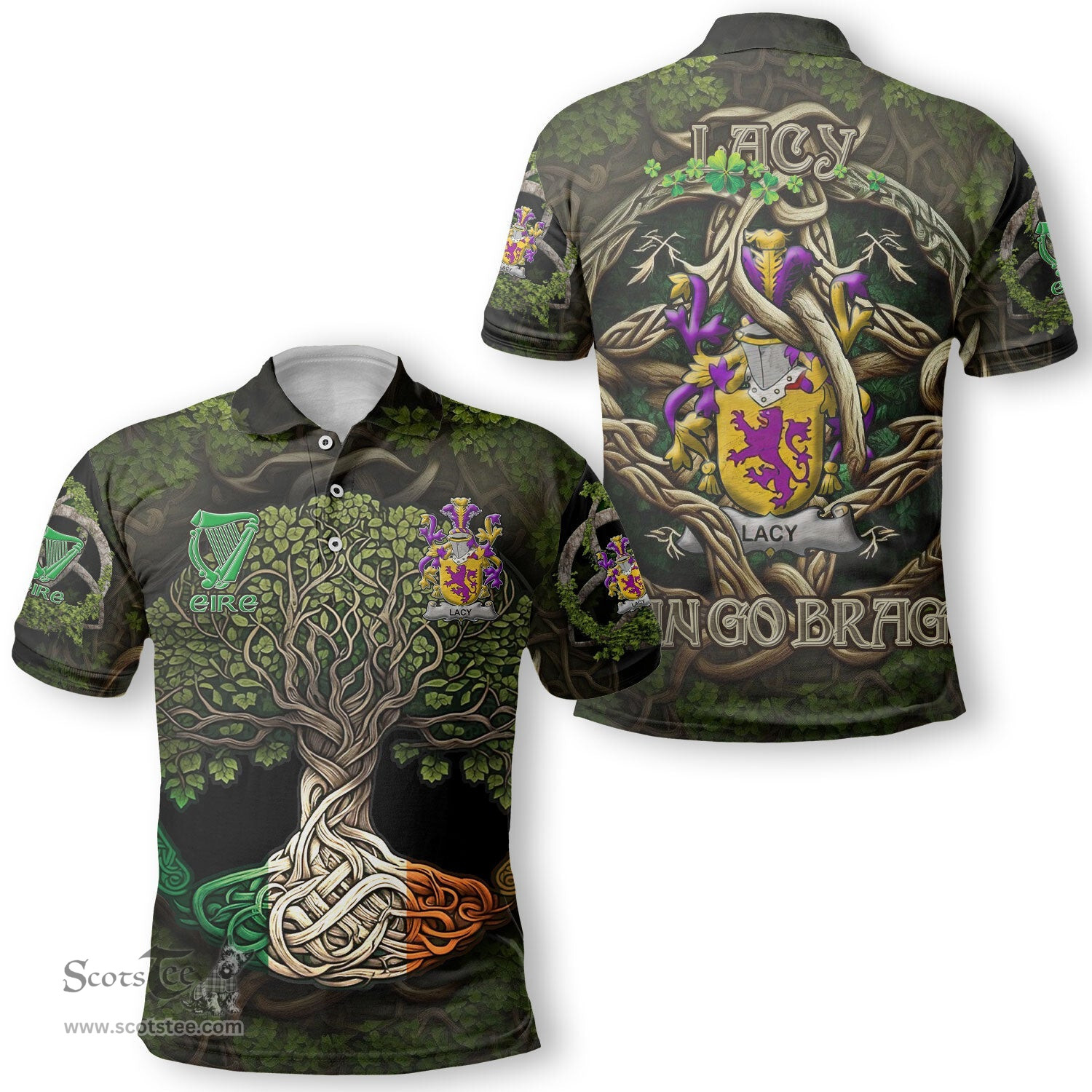 ScotsTee Shop Irish Lacy or De Lacy Coat of Arms Irish Polo Shirt Family Crest Irish Is My Root Polo Shirt