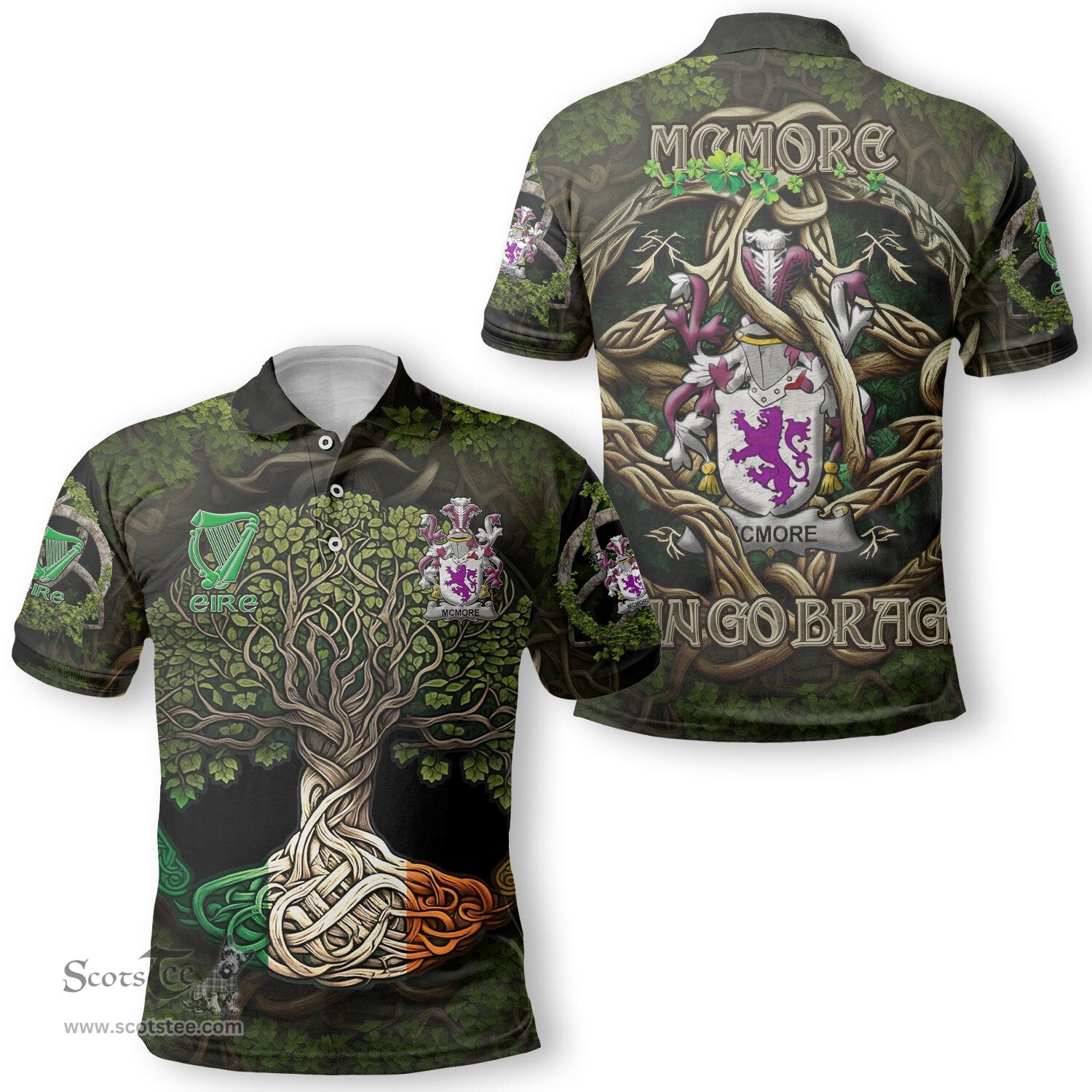 ScotsTee Shop Irish McMore or More Coat of Arms Irish Polo Shirt Family Crest Irish Is My Root Polo Shirt