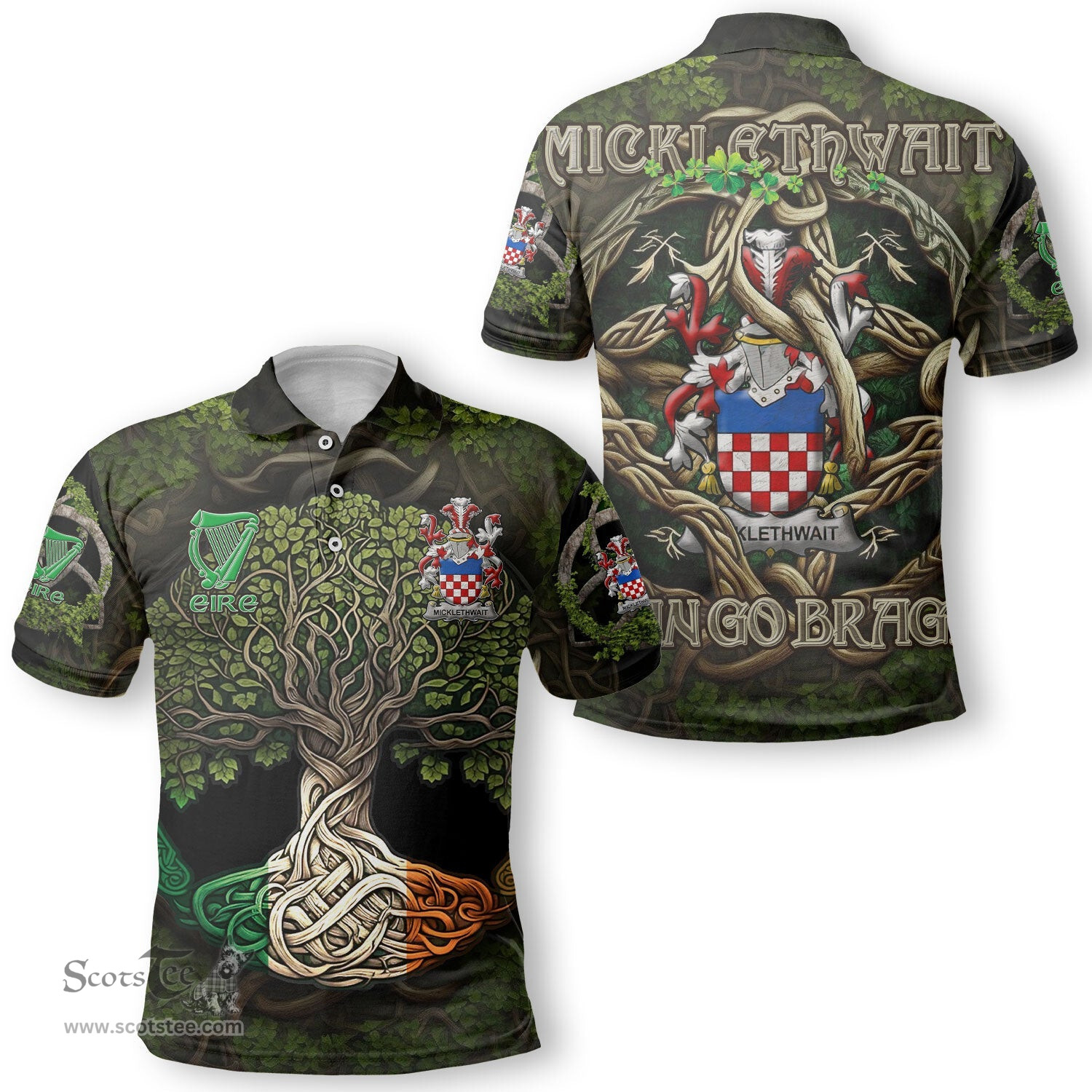 ScotsTee Shop Irish Micklethwait Coat of Arms Irish Polo Shirt Family Crest Irish Is My Root Polo Shirt