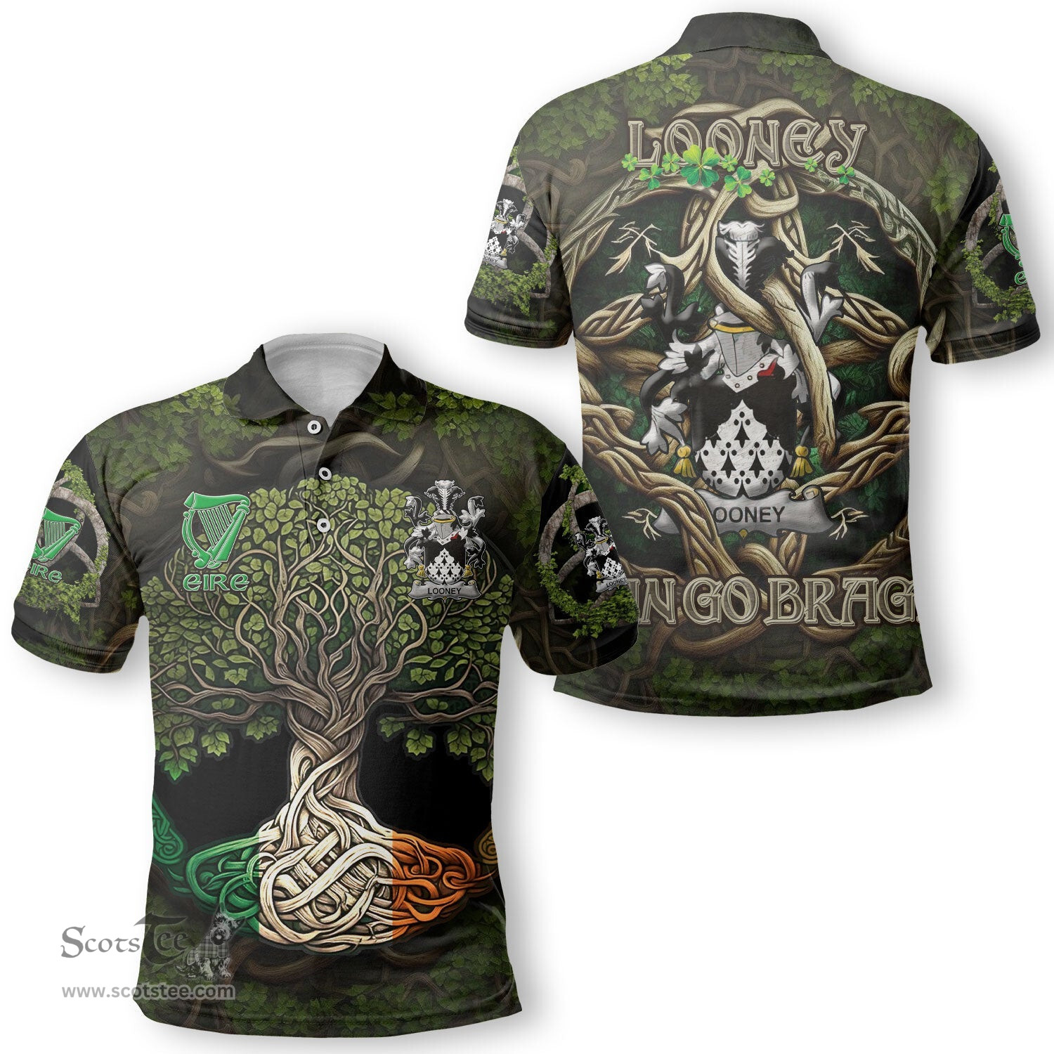 ScotsTee Shop Irish Looney or O Lunney Coat of Arms Irish Polo Shirt Family Crest Irish Is My Root Polo Shirt