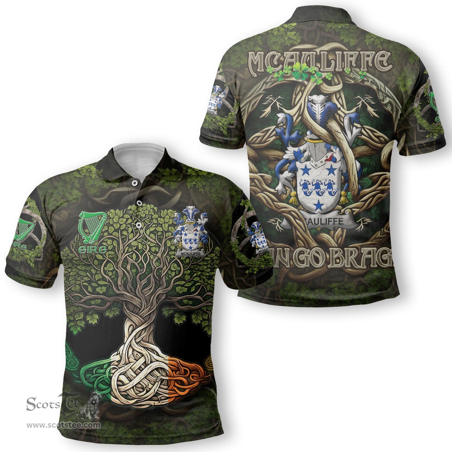 ScotsTee Shop Irish McAuliffe Coat of Arms Irish Polo Shirt Family Crest Irish Is My Root Polo Shirt