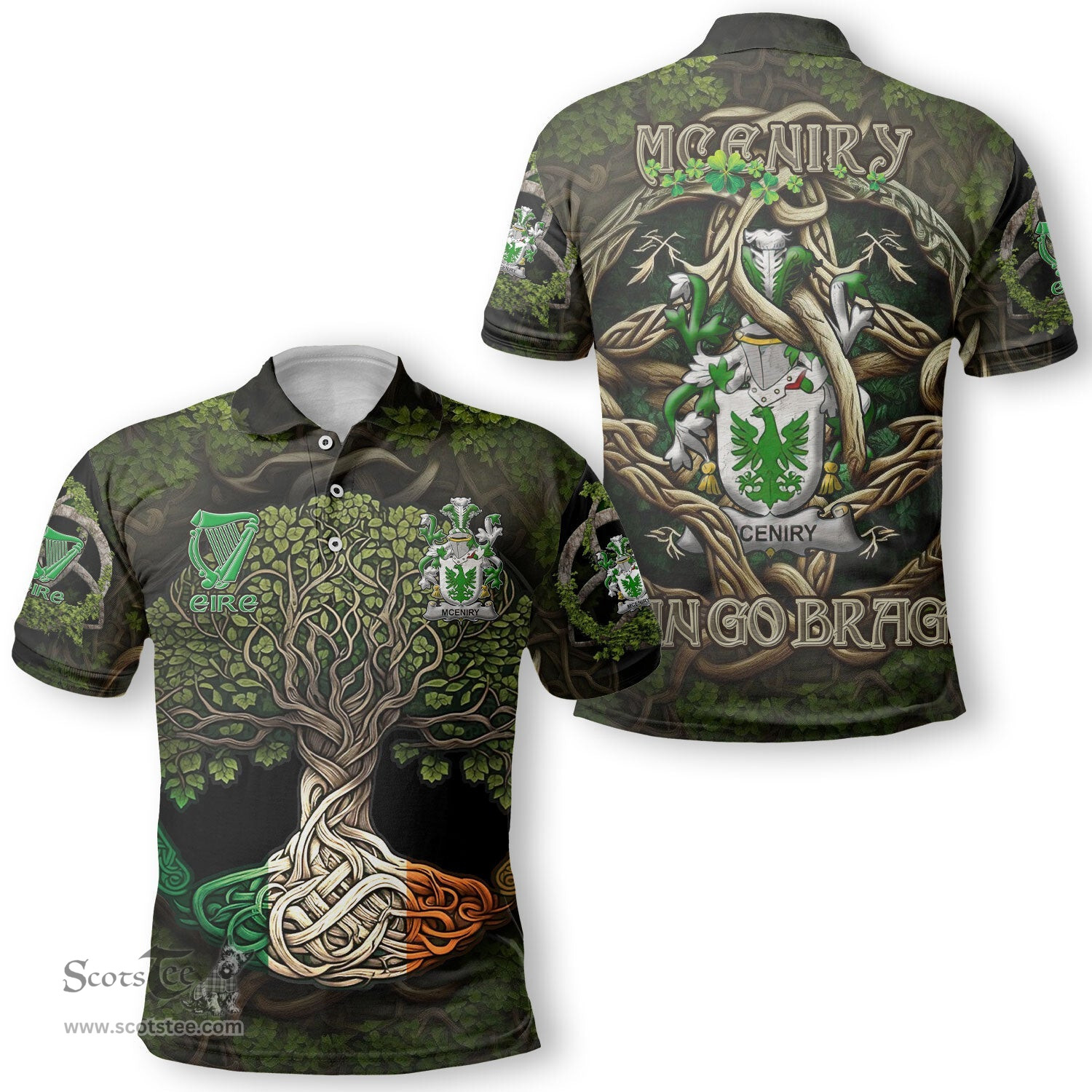 ScotsTee Shop Irish McEniry or McEnery Coat of Arms Irish Polo Shirt Family Crest Irish Is My Root Polo Shirt