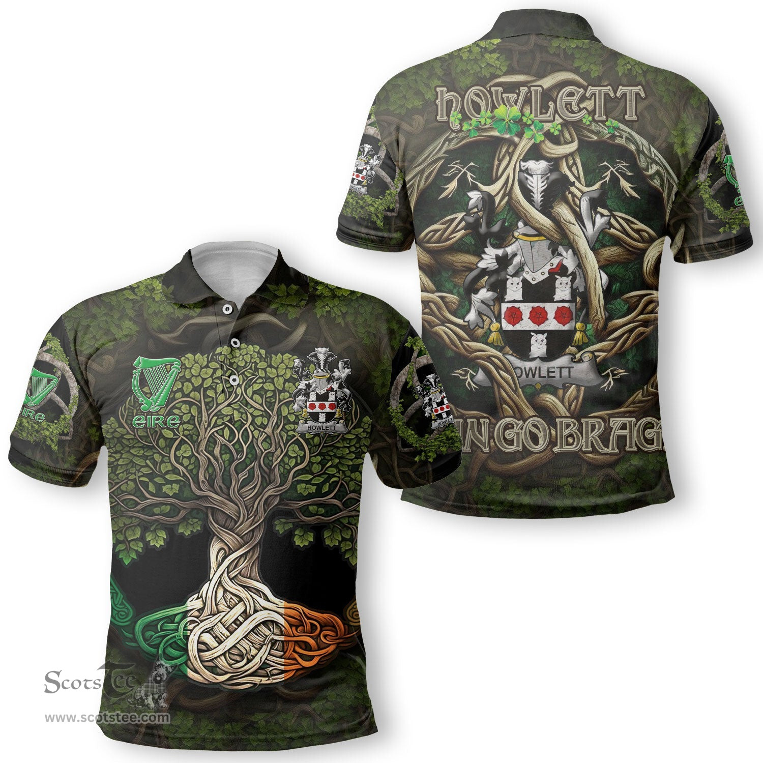 ScotsTee Shop Irish Howlett or Hewlett Coat of Arms Irish Polo Shirt Family Crest Irish Is My Root Polo Shirt
