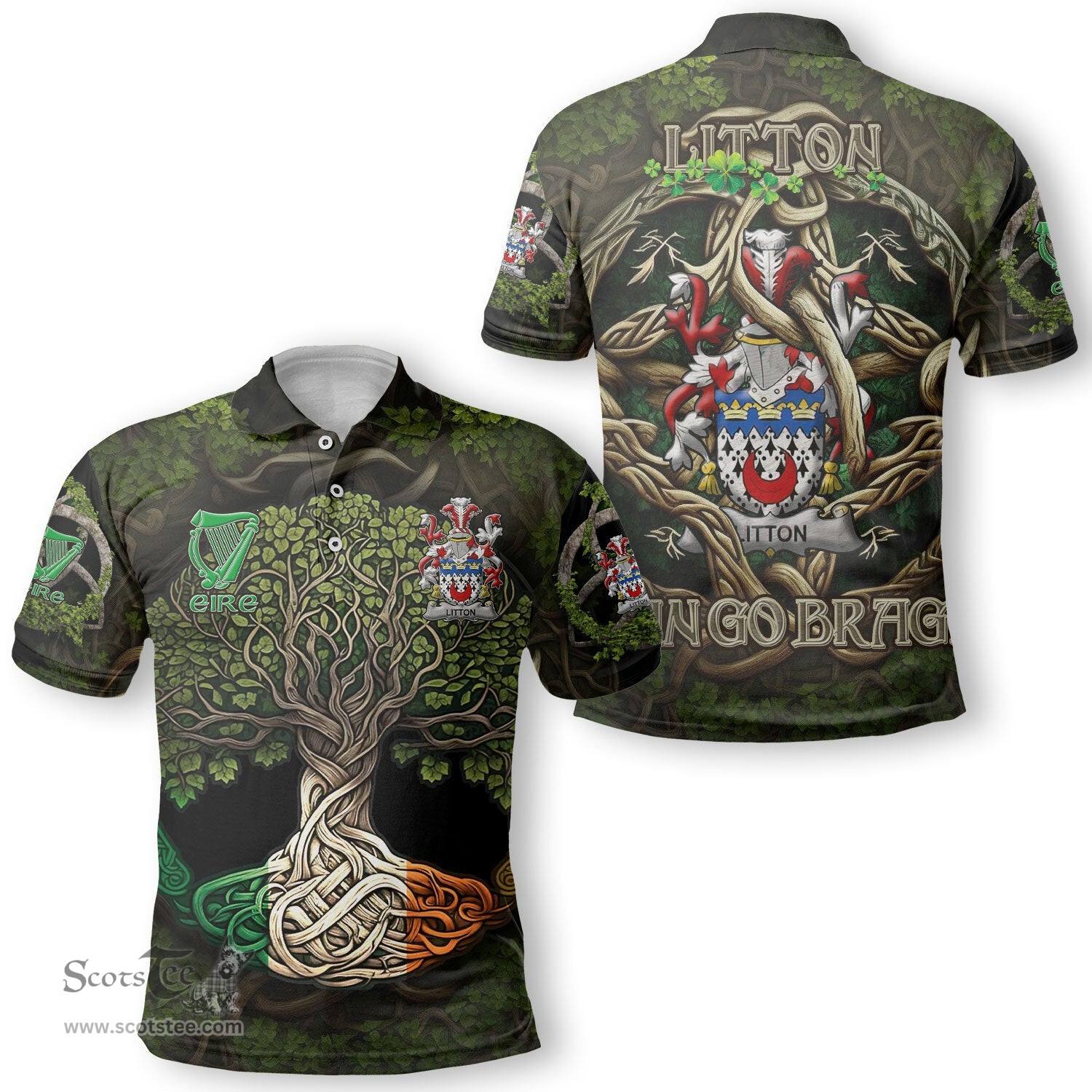 ScotsTee Shop Irish Litton Coat of Arms Irish Polo Shirt Family Crest Irish Is My Root Polo Shirt