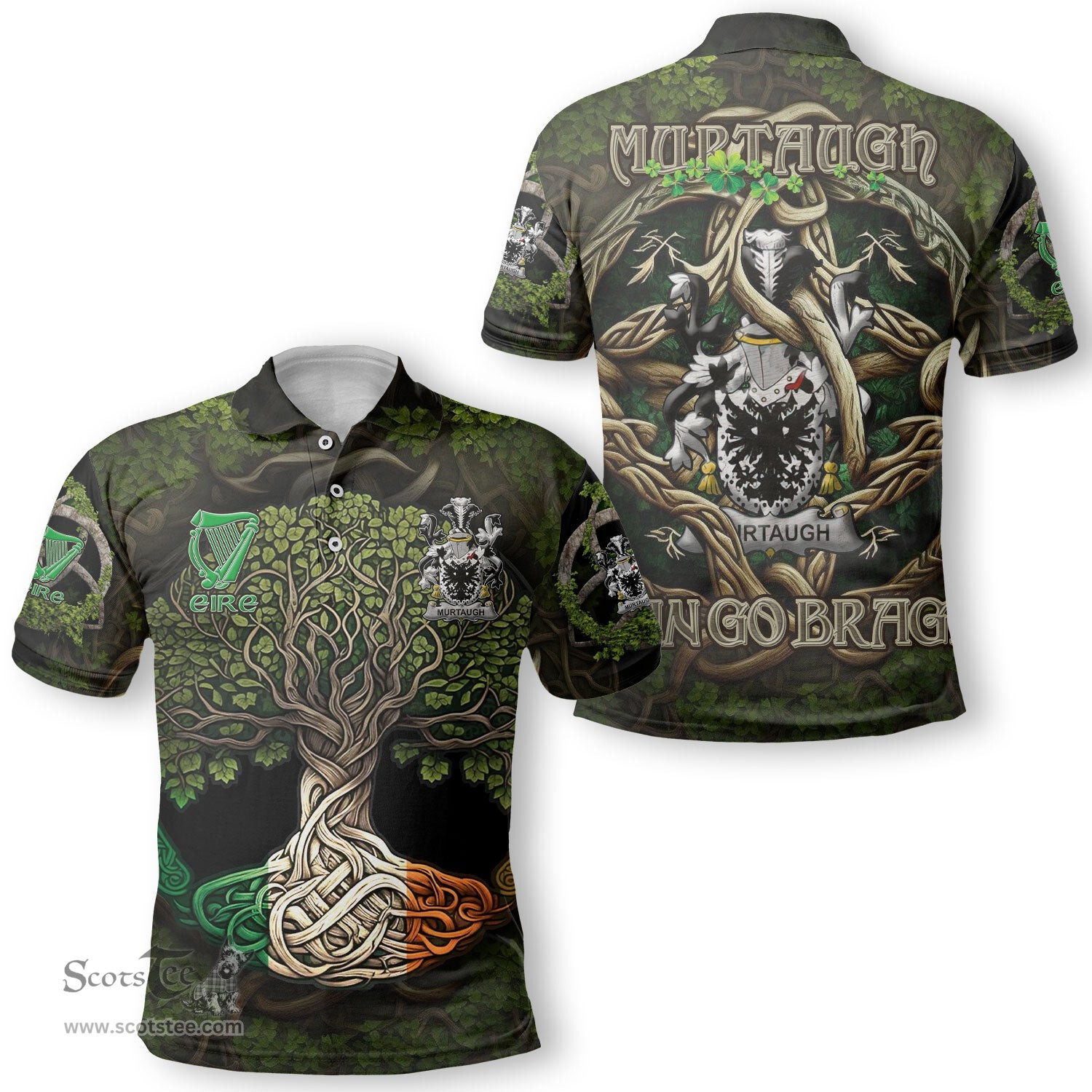 ScotsTee Shop Irish Murtaugh Coat of Arms Irish Polo Shirt Family Crest Irish Is My Root Polo Shirt