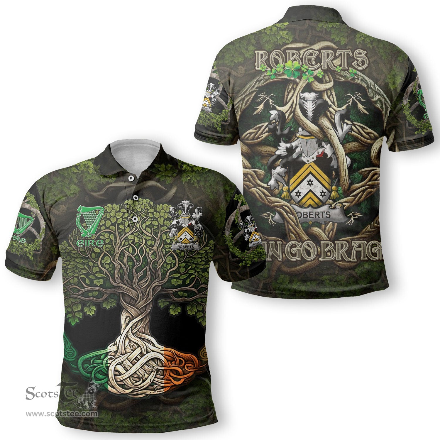 ScotsTee Shop Irish Roberts Coat of Arms Irish Polo Shirt Family Crest Irish Is My Root Polo Shirt