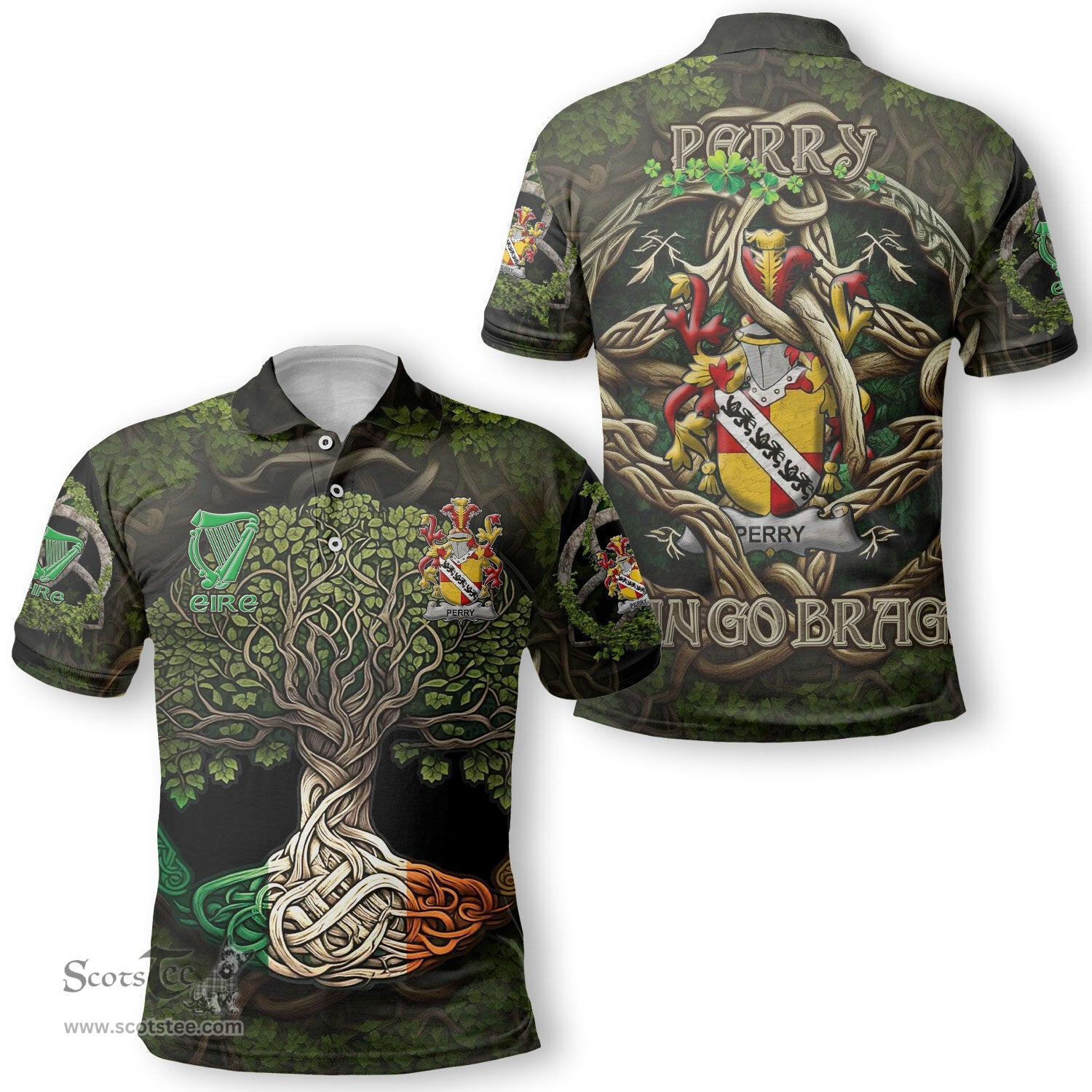 ScotsTee Shop Irish Perry Coat of Arms Irish Polo Shirt Family Crest Irish Is My Root Polo Shirt