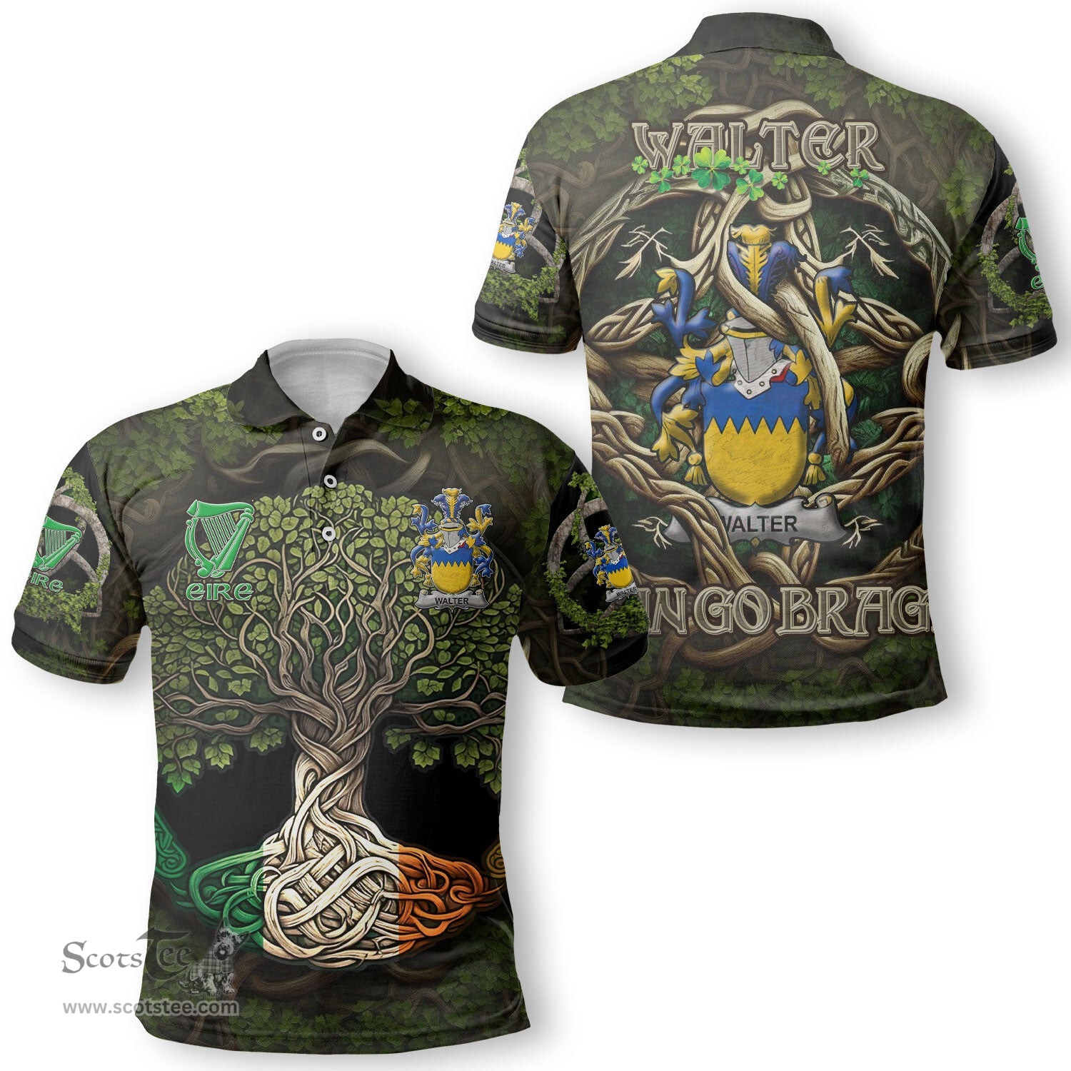 ScotsTee Shop Irish Walter Coat of Arms Irish Polo Shirt Family Crest Irish Is My Root Polo Shirt