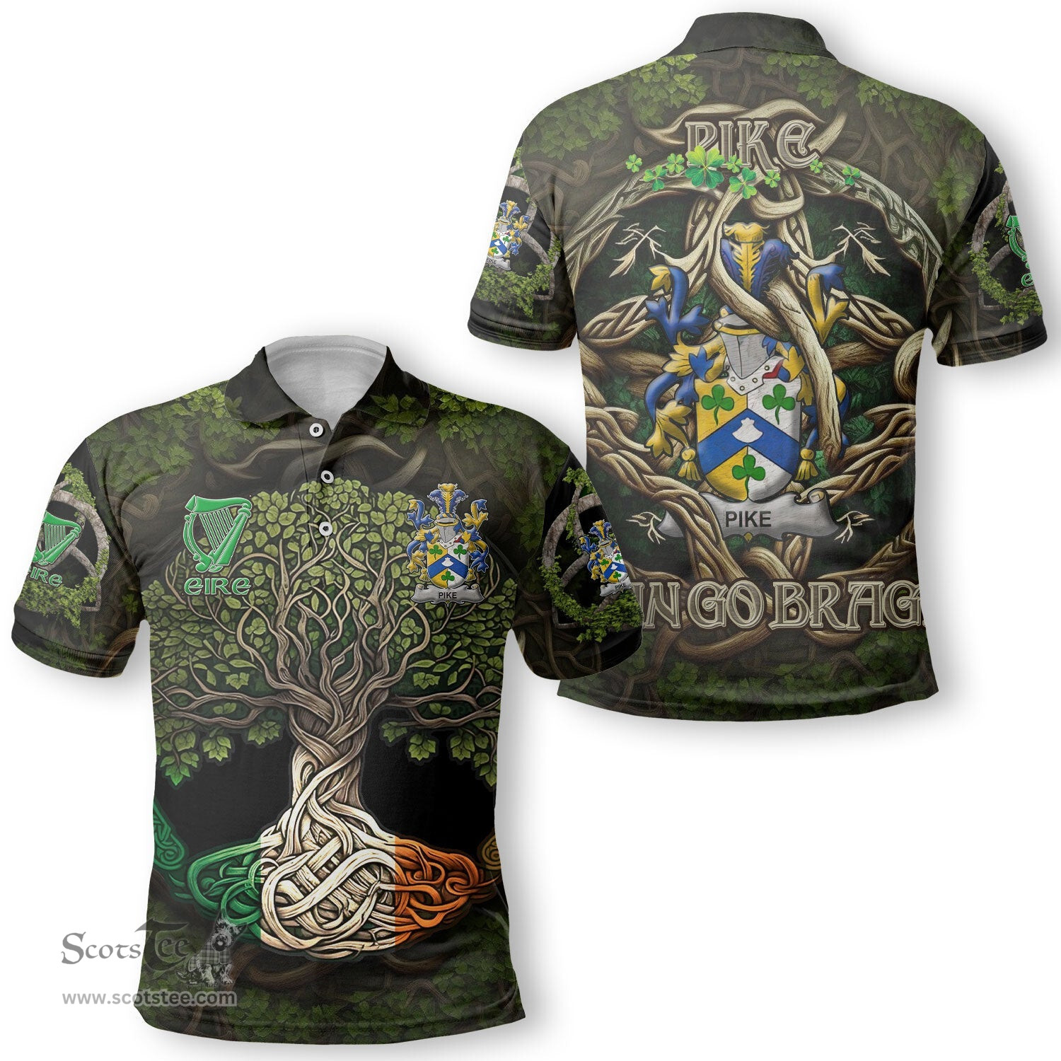 ScotsTee Shop Irish Pike Coat of Arms Irish Polo Shirt Family Crest Irish Is My Root Polo Shirt